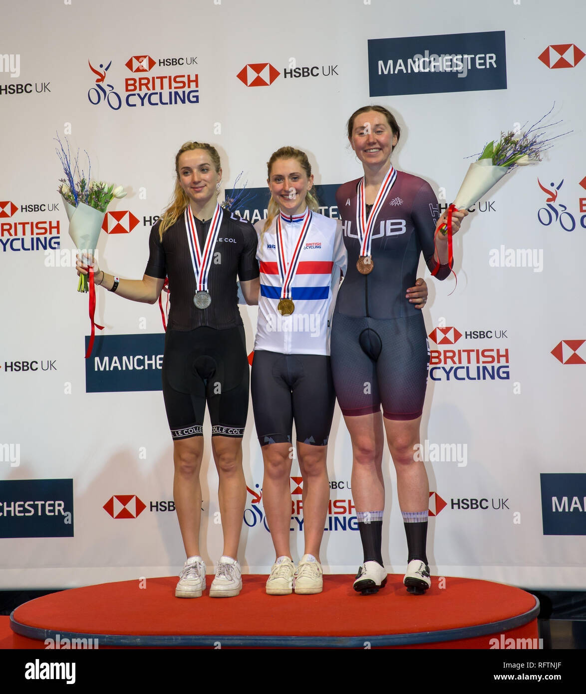 Vélodrome de Manchester, Manchester, Royaume-Uni. 26 janvier, 2019. La voie nationale britannique HSBC Championnats ; Women's course scratch de L À R Elinor Barker MBE SILVER, GOLD, Laura Kenny Katie Archibald Crédit : BRONZE Plus Sport Action/Alamy Live News Banque D'Images