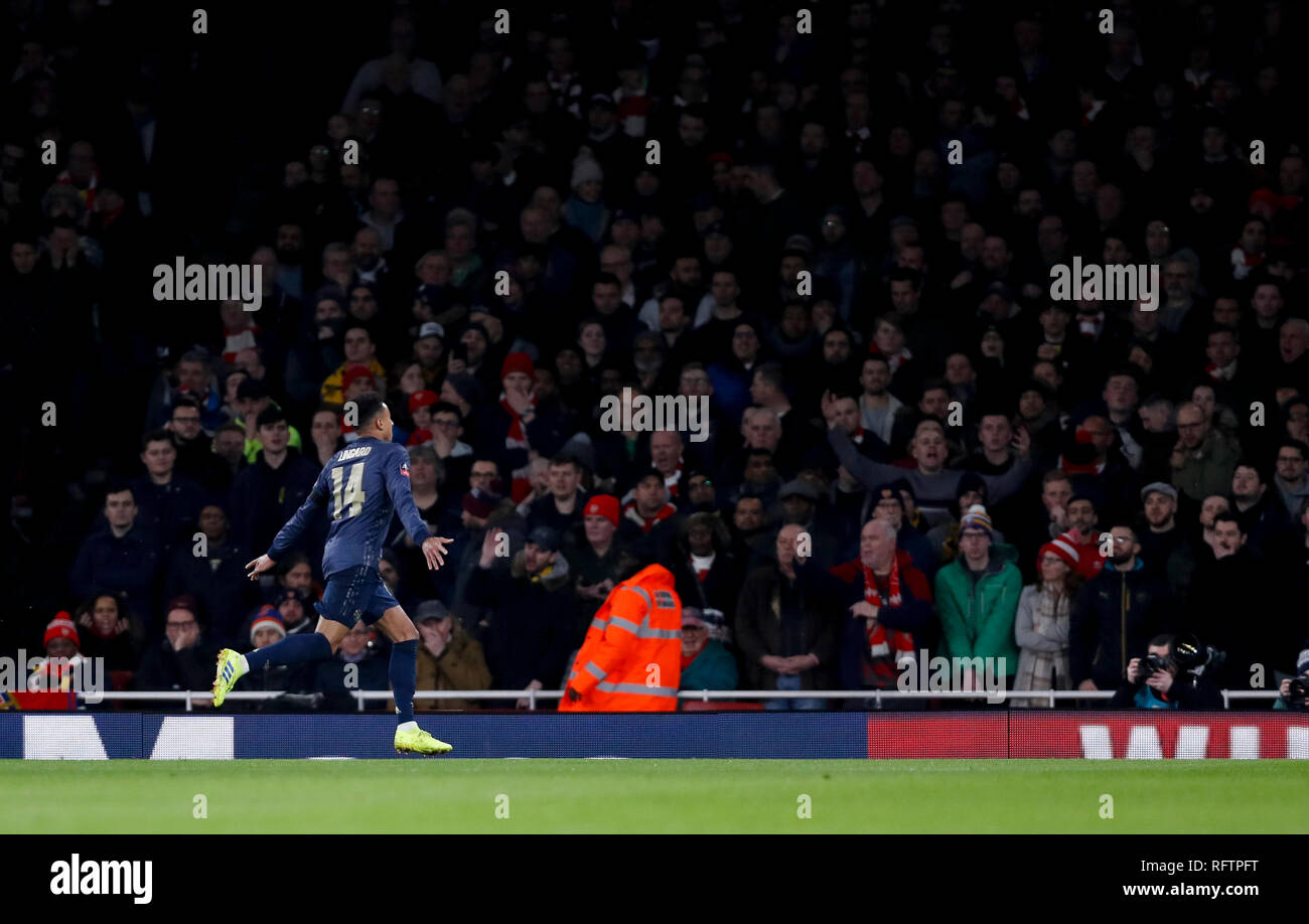 Londres, Royaume-Uni. 25 Jan, 2019. Manchester United, Jesse Lingard célèbre après avoir marqué au cours de la FA Cup quatrième tour entre Arsenal et Manchester United à l'Emirates Stadium à Londres, Angleterre le 25 janvier 2019. Manchester United a gagné 3-1. Credit : Han Yan/Xinhua/Alamy Live News Banque D'Images