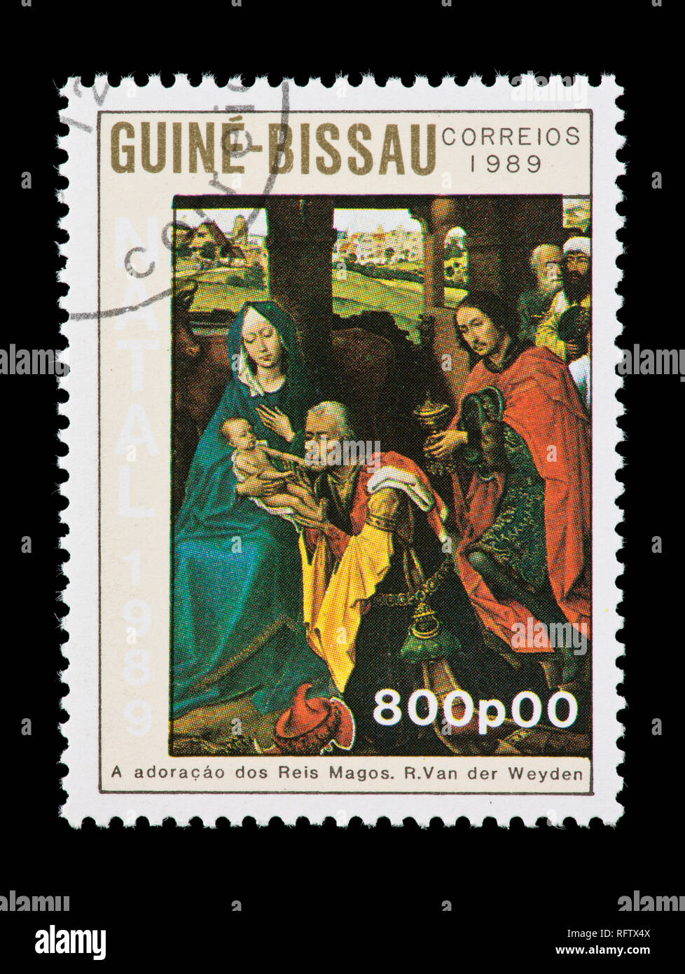 Timbre-poste à partir de la Guinée -Bissau représentant la Madone et l'enfant peinture de Van der Weyden. Banque D'Images