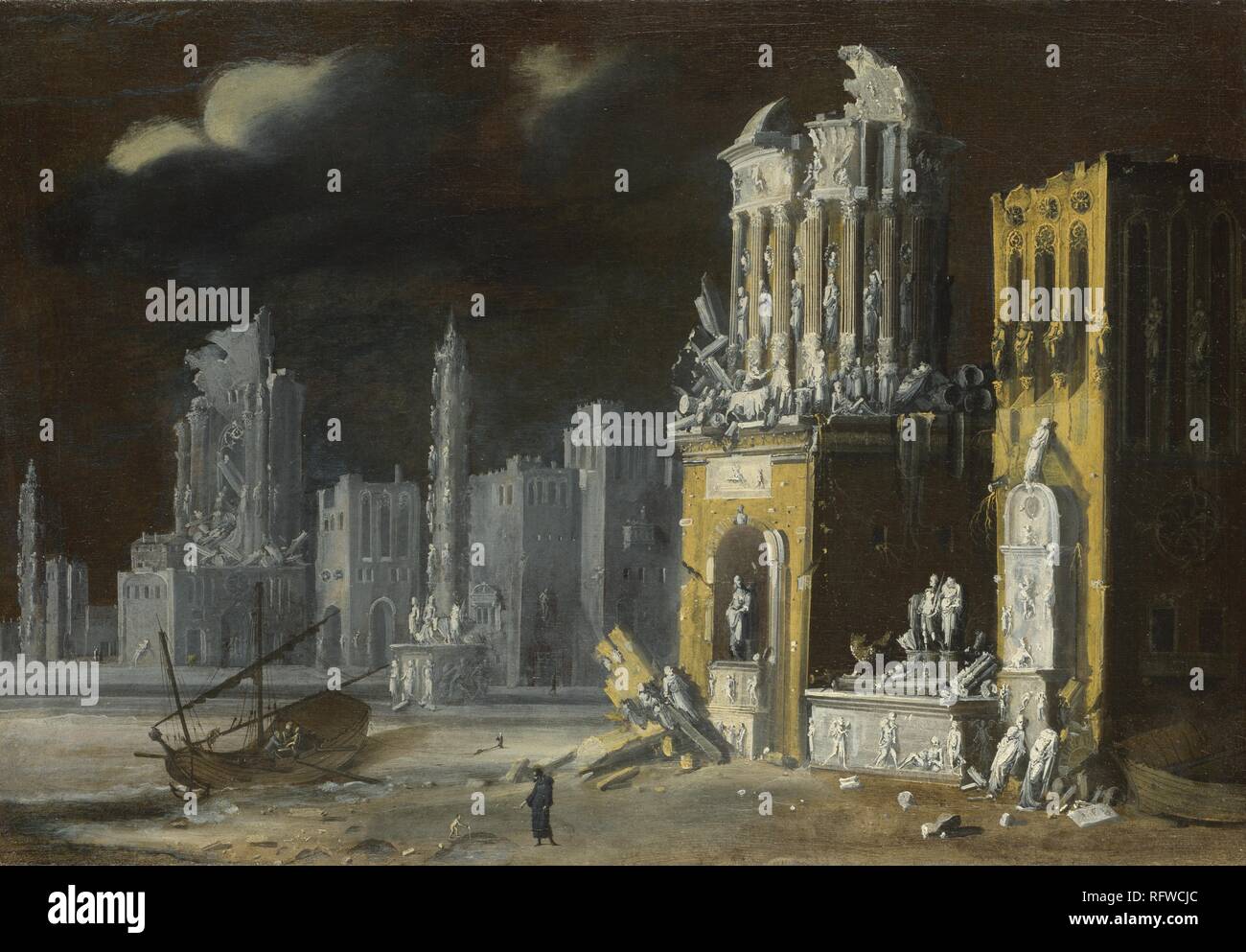 Ruines fantastiques avec Saint Augustin et l'enfant. Musée : National Gallery, Londres. Auteur : NOME, FRANÇOIS DE. Banque D'Images