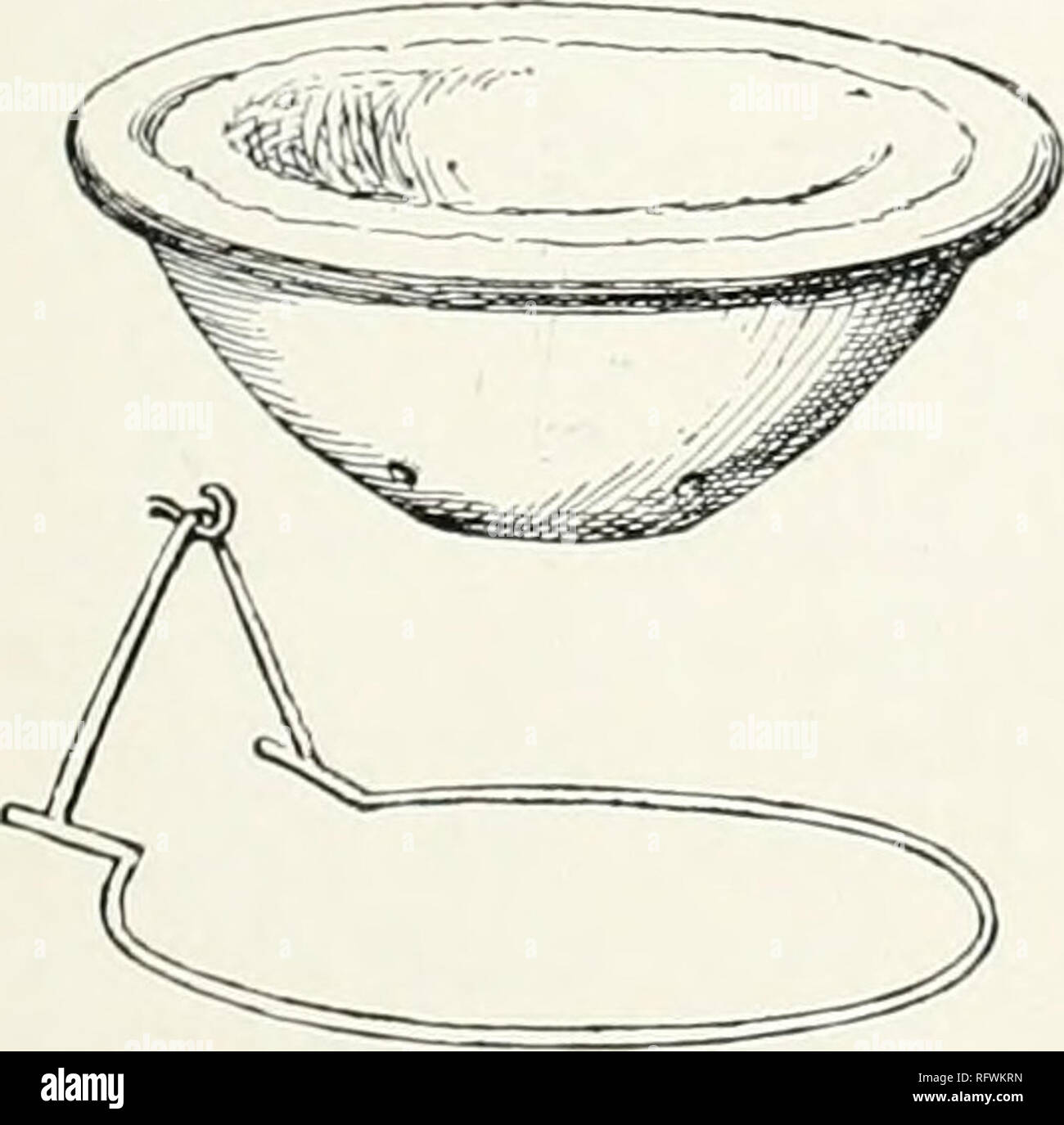 . Les canaris, hybrides, et en oiseaux en cage et volière. Modèle ZING POUR COUPER LES DOUBLURES DES NIDS EN TERRE- WARE-casseroles.. vissé dans l'arrière de la cage à une hauteur telle que la partie supérieure du nid- pan, lorsqu'ils sont placés dans le support, le fil se bloque environ un pouce au-dessus du niveau de l'perches. C'est une belle hauteur pour les poules à hop de et vers le nid, alors qu'il sert aussi à vérifier l'habitude, que certaines poules ont, d fiyiiig hors du nid à la perche, si seulement^ perchoirs sont au-dessus du niveau de la partie supérieure du nid. Cette habitude est souvent la cause de jeunes oiseaux ou d'œufs d'être tiré hors de Banque D'Images