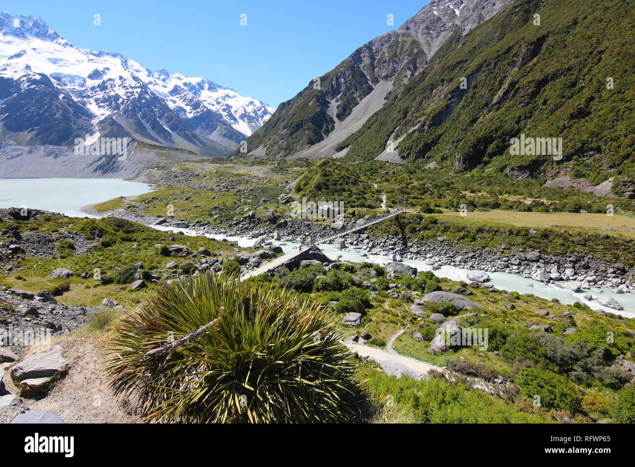 La Hooker Valley Track, île du Sud, Nouvelle-Zélande. La Hooker Valley Track est la plus courte piste de marche dans le parc Aoraki/Mount Cook N. P. Banque D'Images