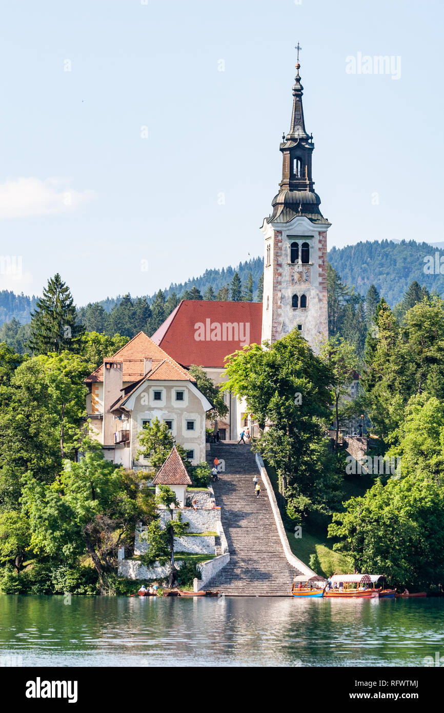 L'église de pèlerinage de l'assomption de Marie (Notre Dame du Lac), situé sur une île dans le lac de Bled, Slovénie, Europe Banque D'Images