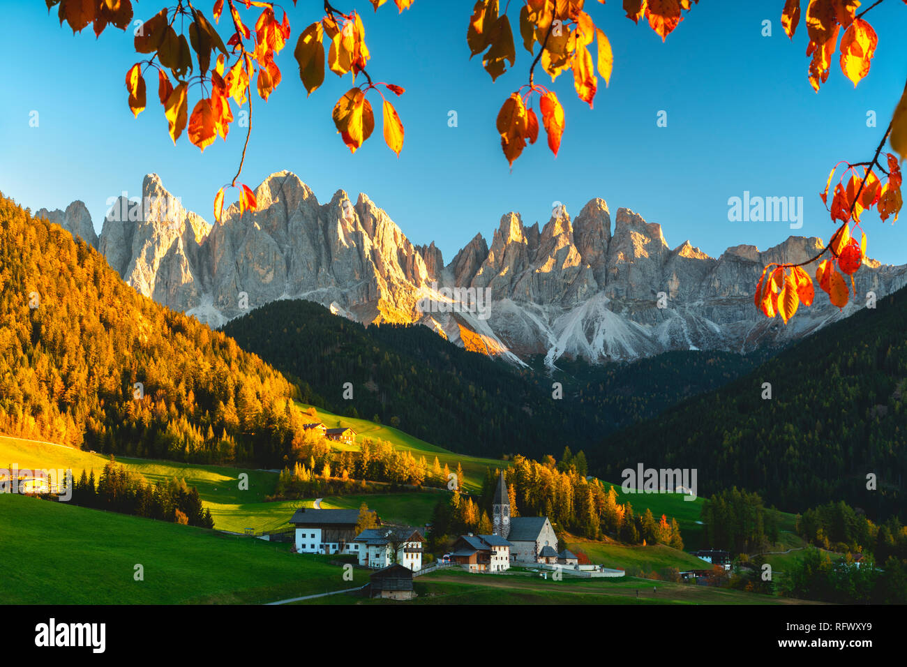 Santa Maddalena et le groupe Odle au coucher du soleil en automne, Funes Valley (Val di Funes), Trentin-Haut-Adige-South Tyrol, Dolomites, Italie, Europe Banque D'Images