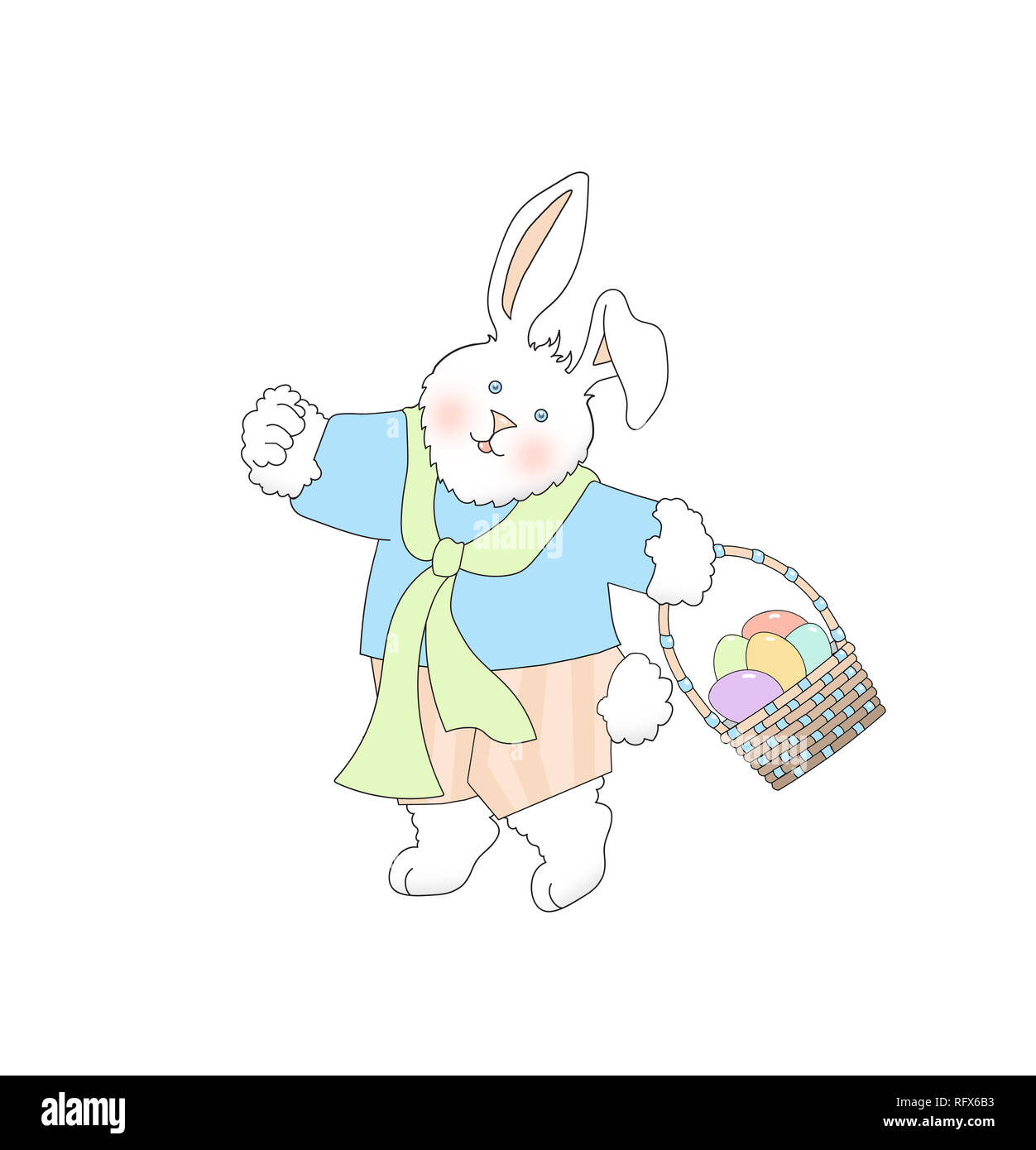 Illustration d'un mignon lapin portant des vêtements et portant un panier de Pâques sur un fond blanc Banque D'Images