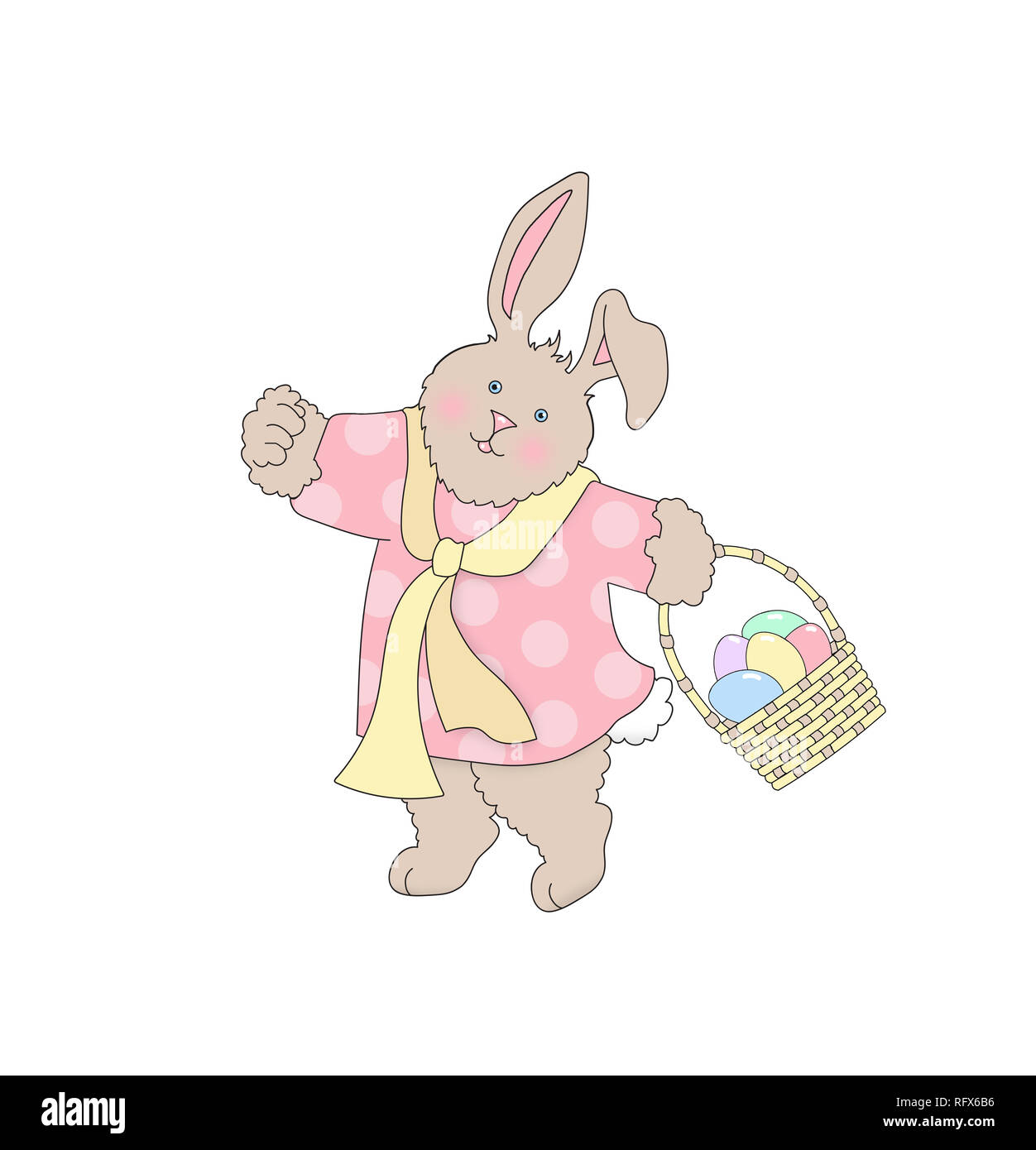 Illustration d'un mignon lapin portant des vêtements et portant un panier de Pâques sur un fond blanc Banque D'Images