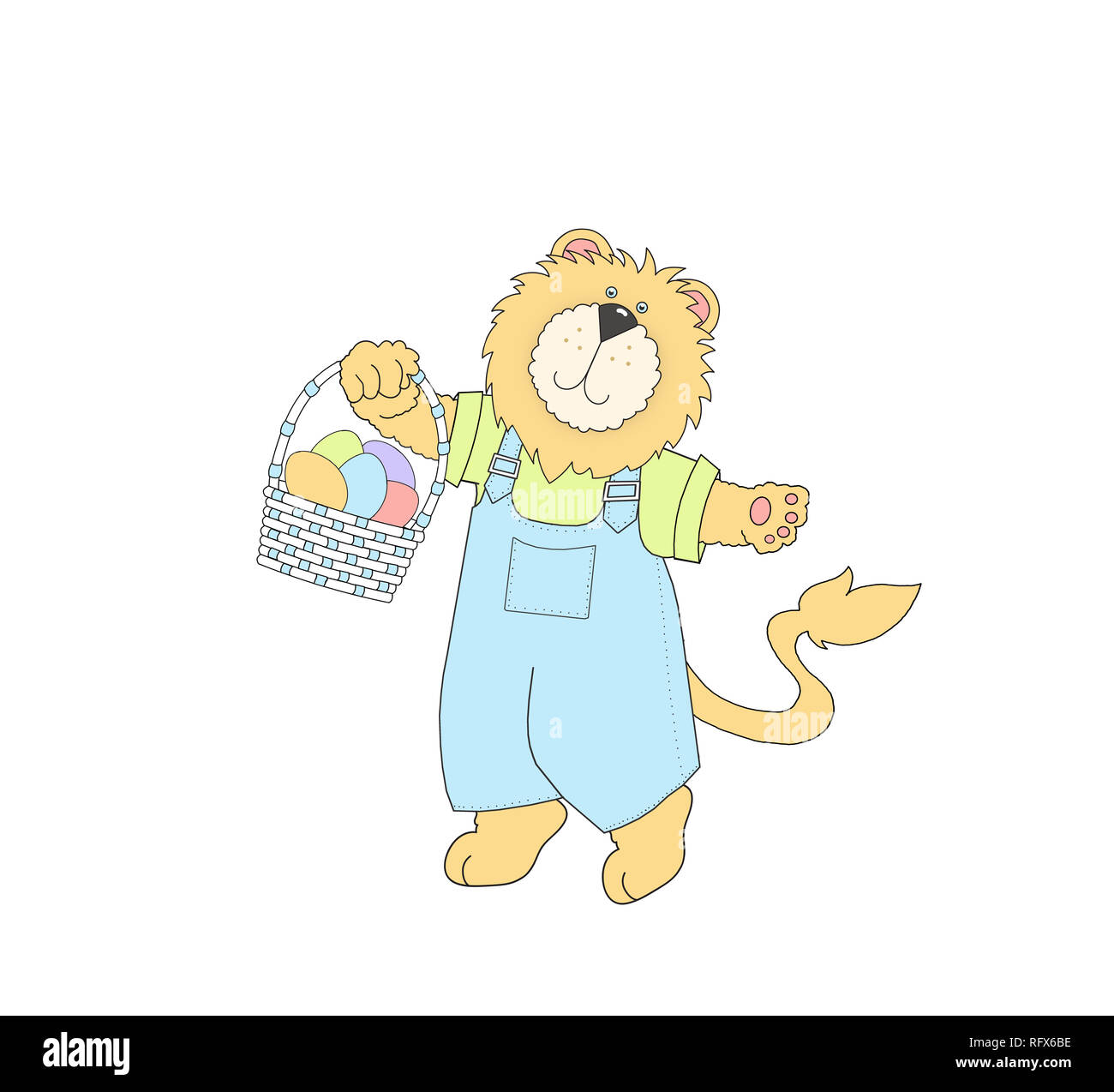 Illustration d'un mignon petit lion portant des vêtements et portant un panier de Pâques sur un fond blanc Banque D'Images