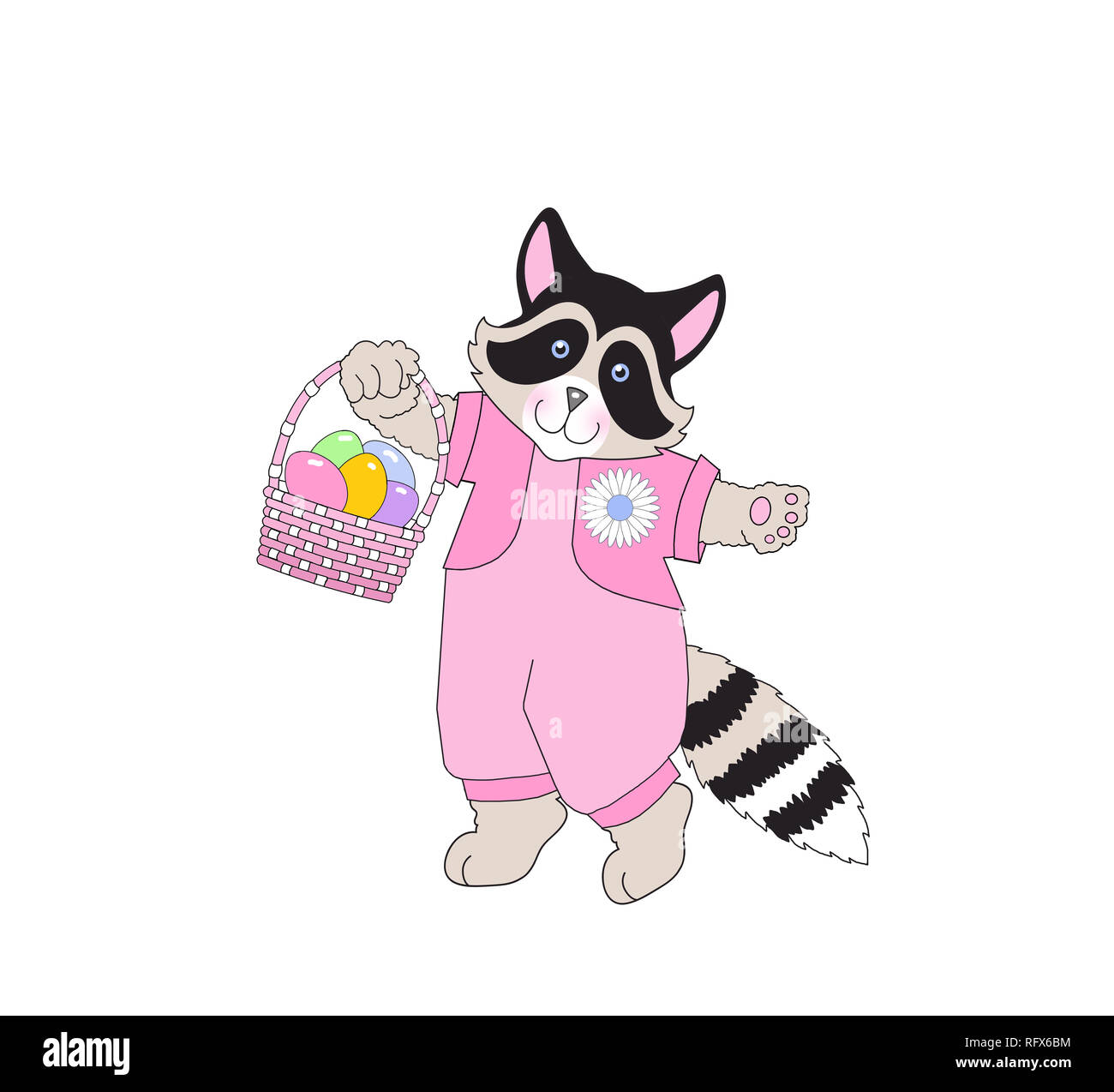 Illustration d'un mignon raton laveur portant des vêtements et portant un panier de Pâques sur un fond blanc Banque D'Images Illustration d'un mignon raton laveur portant des vêtements et portant un panier de Pâques sur un fond blanc Banque D'Images