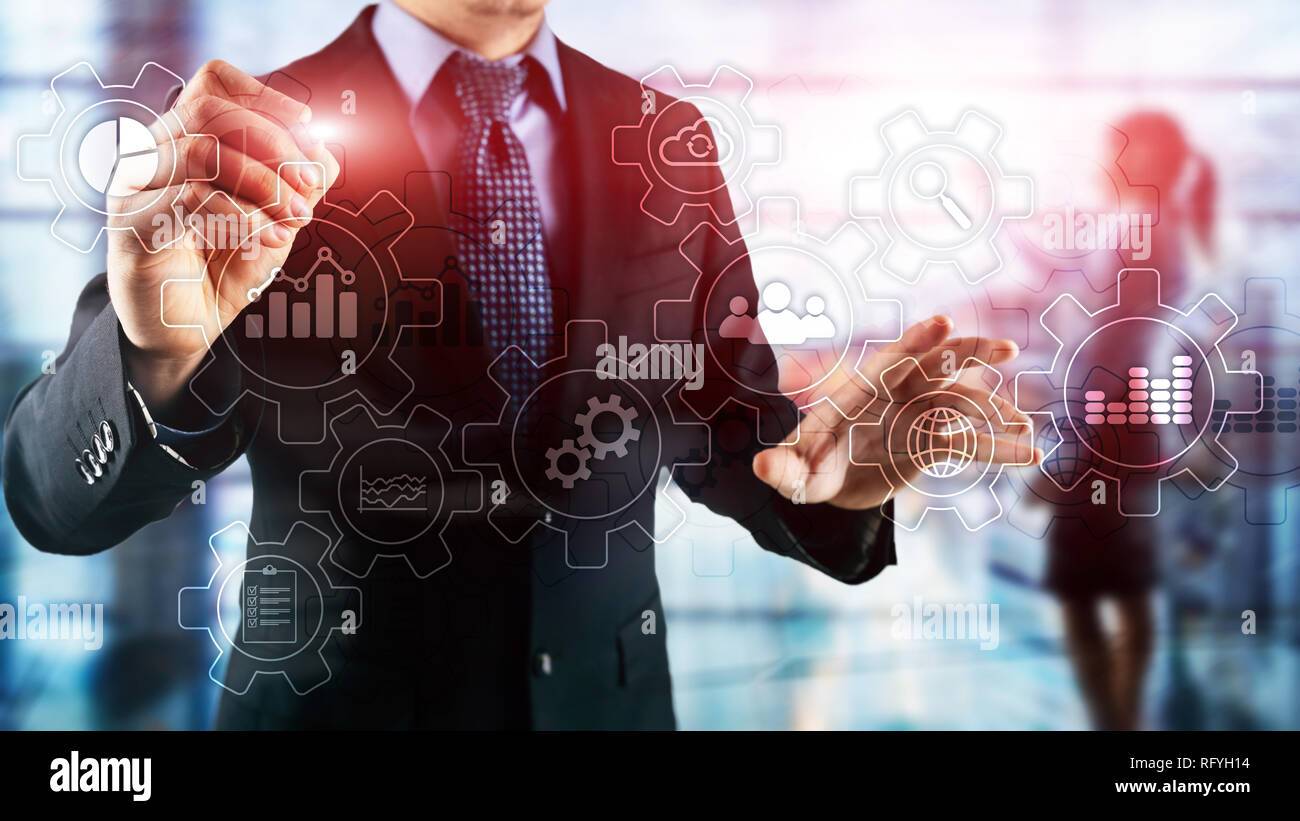 Résumé des processus d'affaires avec les pignons et les icônes de diagramme. Automatisation du Workflow et technologie concept Banque D'Images