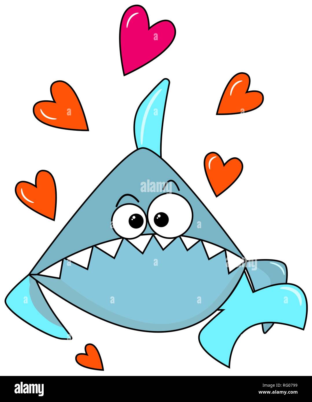 Joli bleu requin sur un fond blanc avec des coeurs orange. Félicitations le Jour de Valentines. Cute cartoon caractère pour imprimer des cartes postales, sur Illustration de Vecteur