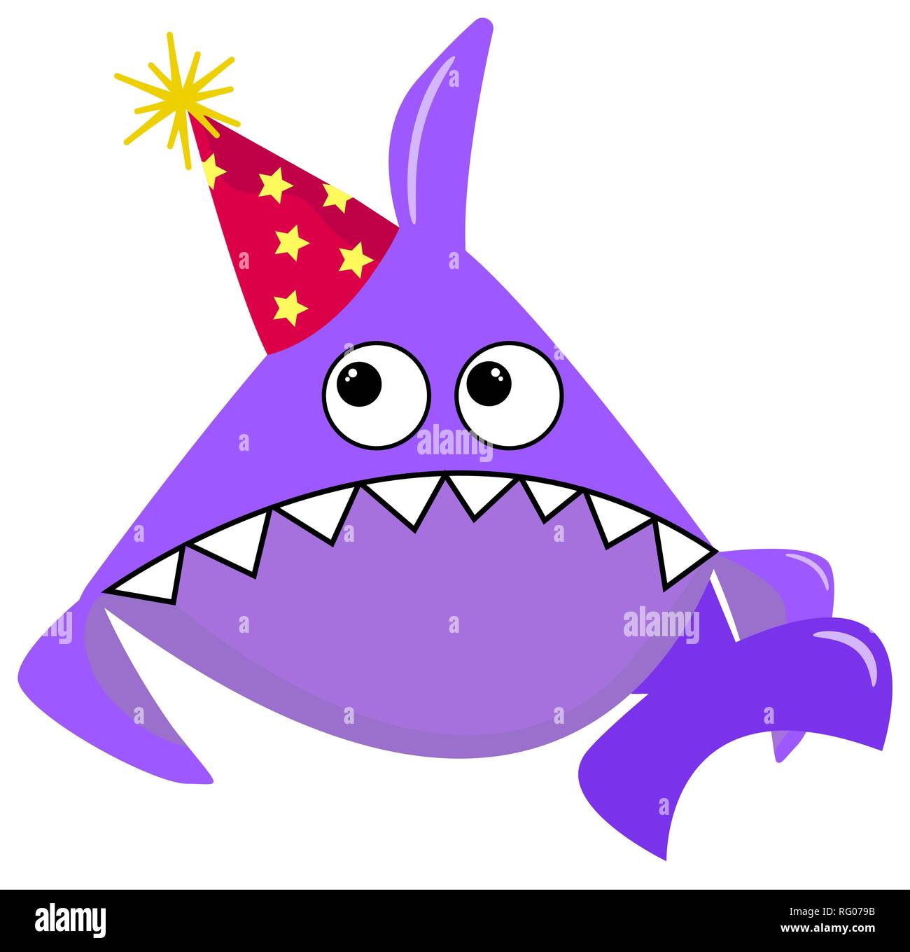 Cartoon Shark parti animal marin requin mauve sur un fond blanc dans une tête rouge avec des étoiles jaunes. Personnage pour l'impression sur des vêtements ou des cartes Illustration de Vecteur