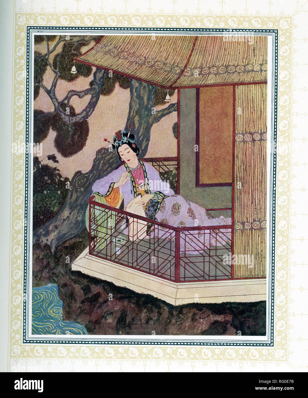 Cette illustration est tirée du livre "Sinbad le marin" qui a été publié vers 1914. Il montre dame ch-el-Budr. L'illustrateur a été Edmund Dulac et l'histoire est le fruit de Mille et Une Nuits. Aladdin est tombé en amour avec Dame Ch-el-Buhr quand il la vit. Banque D'Images