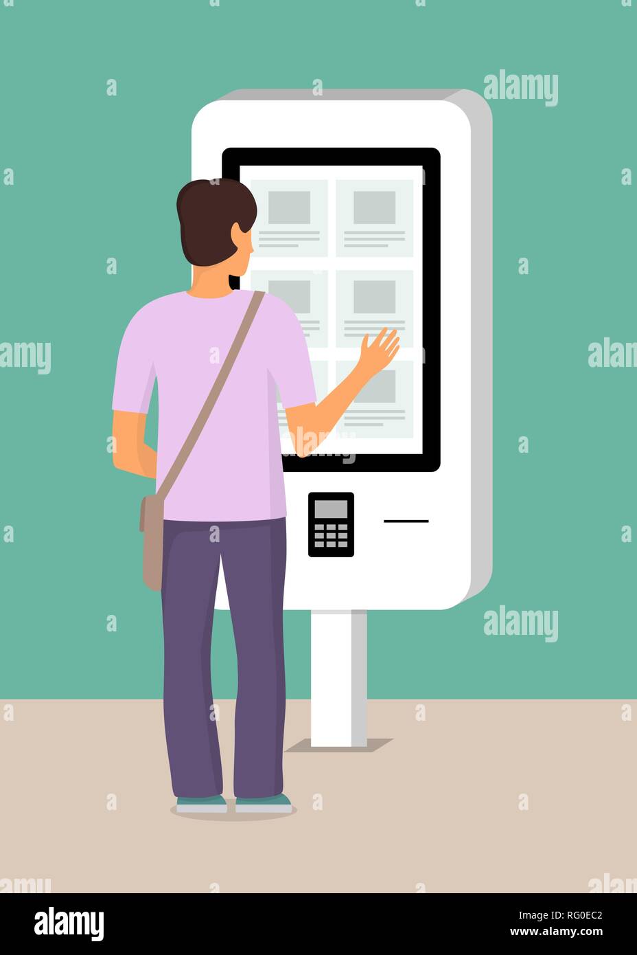 L'homme en utilisant le libre-service de paiement et d'information terminal électronique avec écran tactile. Vector illustration style de télévision Illustration de Vecteur