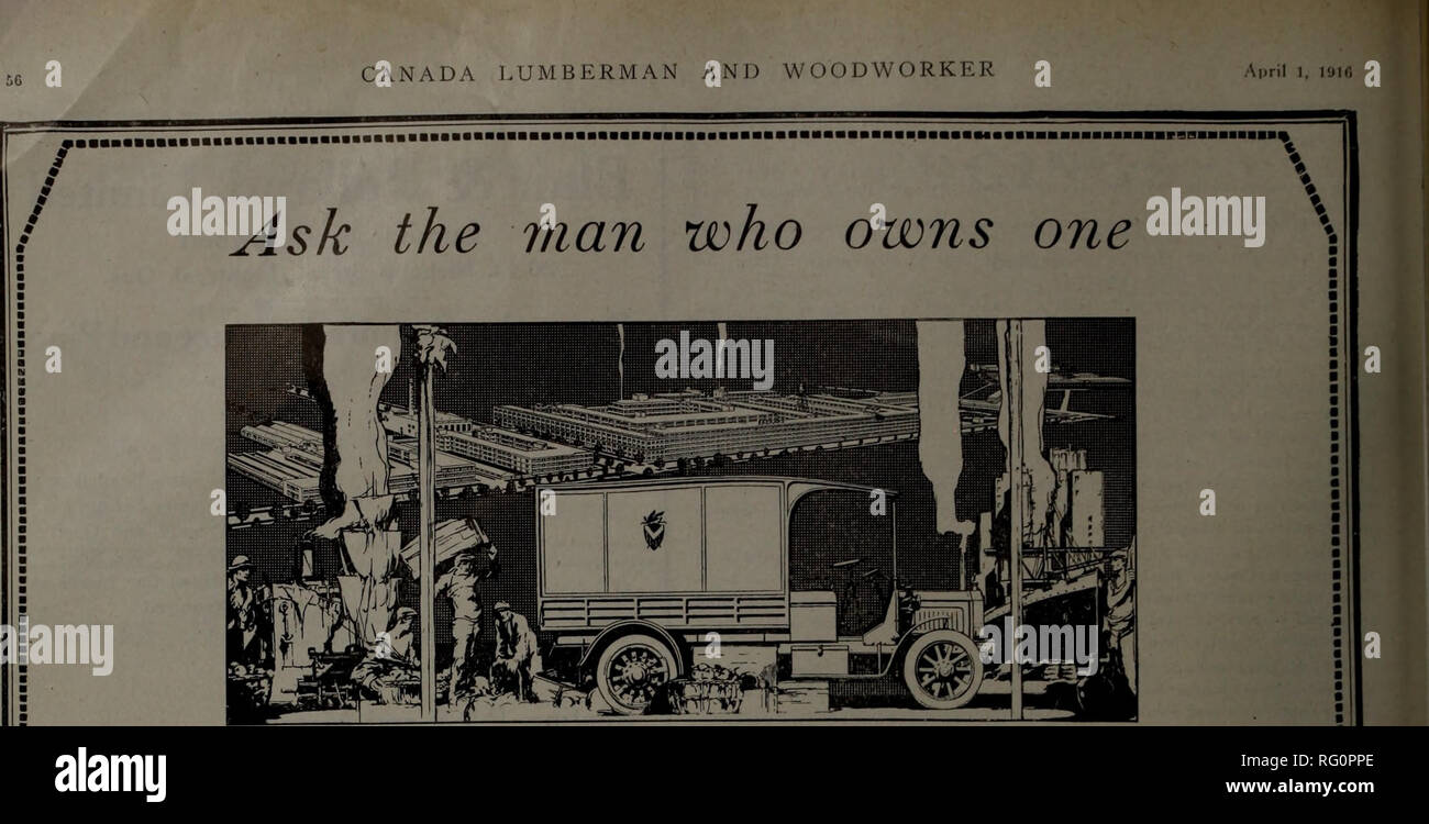 . Industries canadiennes forestières 1916. L'exploitation forestière ; les forêts et la foresterie ; Produits forestiers ; l'industrie de pâte de bois ; industries du bois. Transport de votre rayon est la mesure de vos ventes PACKARD Acatène Motor Trucks augmenter vos affaires parce qu'ils étendent les limites de la zone que vous pouvez servir. Ils vous permettent de faire délivrer- ies de la banlieue et les villes voisines qui sont maintenant au-delà de votre portée. Leur vitesse, l'endurance et à faible coût l'entretien permettra de moderniser votre transport. 7 choix : -lA à 6-QV2 tonnes' capa- cité. Une large gamme de rouleau, démontable et nid d'organismes des Nations unies et de chargement rapide Banque D'Images