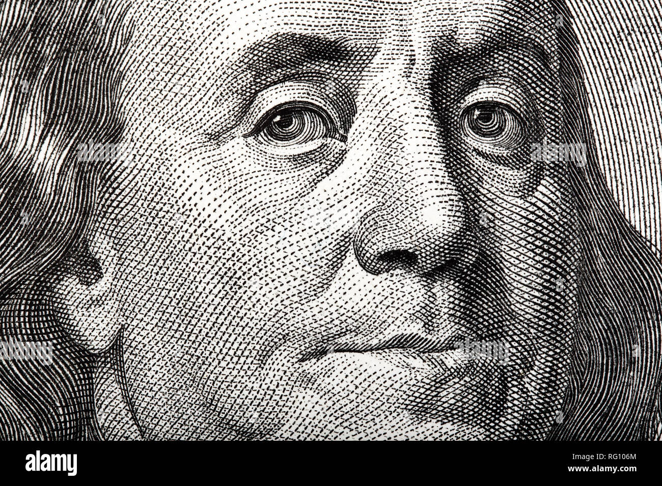 Portrait de Benjamin Franklin sur l'US 100 dollar bill in macro pour votre projet unique. Banque D'Images
