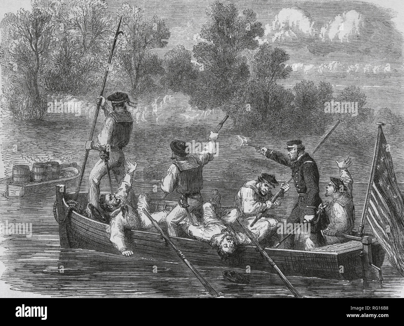 La guerre civile américaine (1861-85). Un piège tendu par les Confédérés. Le capitaine de l'Armée de l'Union et de l'équipage sur petit bateau. Gravure par Fr. Vizetelly. Banque D'Images