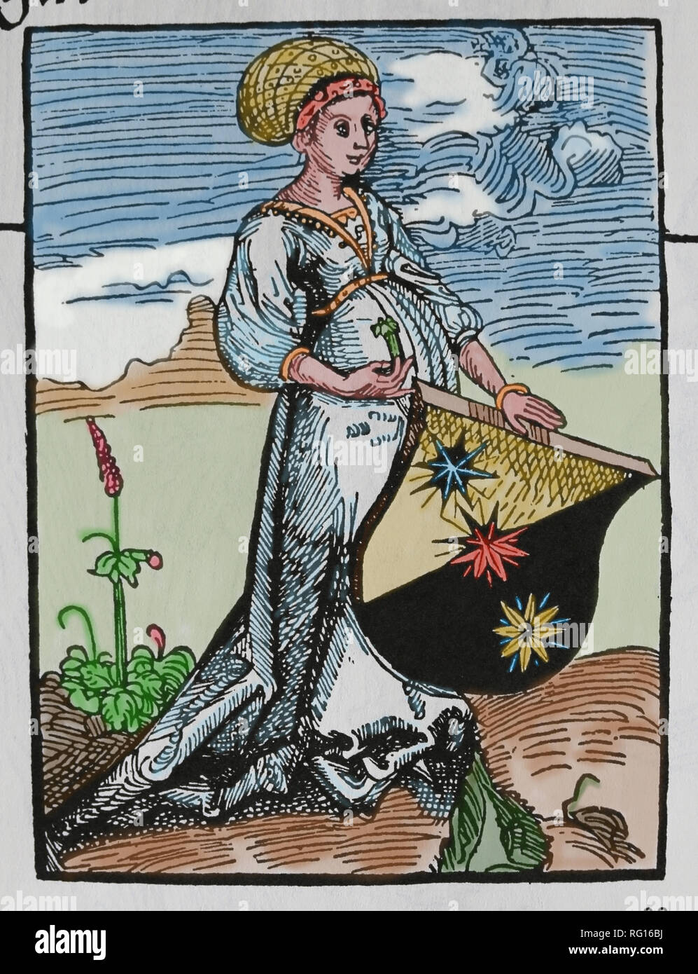 Page de titre pour le miroir ou le vrai Rethoric. Femme tenant des armoiries. Gravure sur bois de Dürer. Banque D'Images