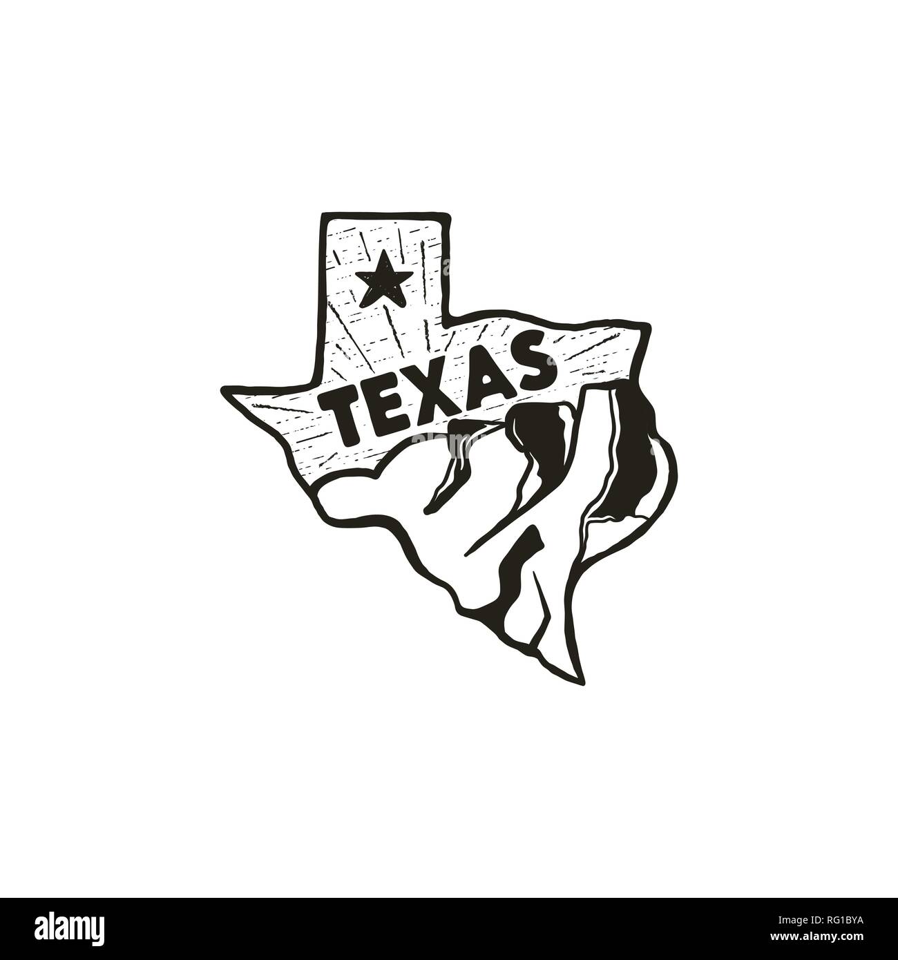 Dessiné à la main vintage badge badge de l'état du Texas, aux États-Unis. Icône de style Silhouette, logo. Avec les montagnes et les étoiles. Patch rétro, logotype. Pour Nice Illustration de Vecteur