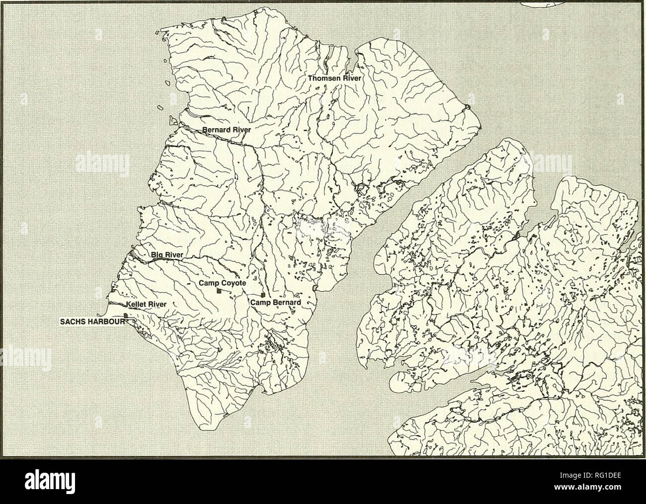 . La Canadian field-naturaliste. Les 482 113 Canadian Field-Naturalist Vol.. La figure 1. La zone d'étude. L'île Banks, Territoires du Nord-Ouest. Tous les lièvres ont été prélevés dans les habitats des hautes terres durant le voyage entre Sachs Harbour, Camp et Camp Coyote Bernard. provoqué par l'augmentation des cultures de saules en hiver, pourrait avoir une incidence sur la population de caribous. L'impact potentiel des petits mammifères herbivores sur la dynamique de la disponibilité du fourrage a largement été signalés. Dans la présente communication I : (1) le document les changements saisonniers dans l'alimentation d'un lièvre arctique sur l'île Banks obtenues en analysant les fragme Banque D'Images