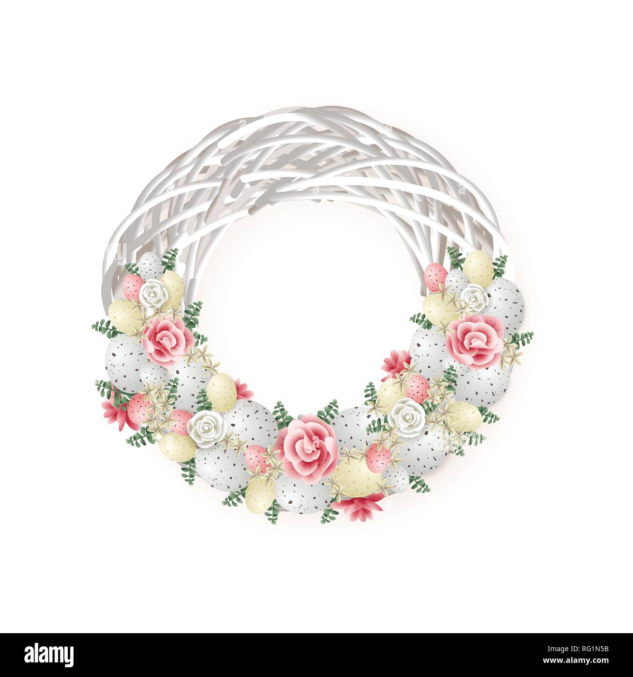 Couronne de Pâques élégant décoré avec des oeufs de cailles et d'autres plantes Fleurs - rose blanc et vert Illustration de Vecteur