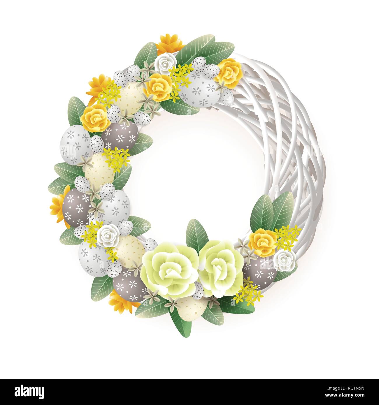 Couronne de Pâques - élégant décoré avec des fleurs et une couronne d'oeufs feuilles - jaune orange blanc et vert Illustration de Vecteur Couronne de Pâques - élégant décoré avec des fleurs et une couronne d'oeufs feuilles - jaune orange blanc et vert Illustration de Vecteur