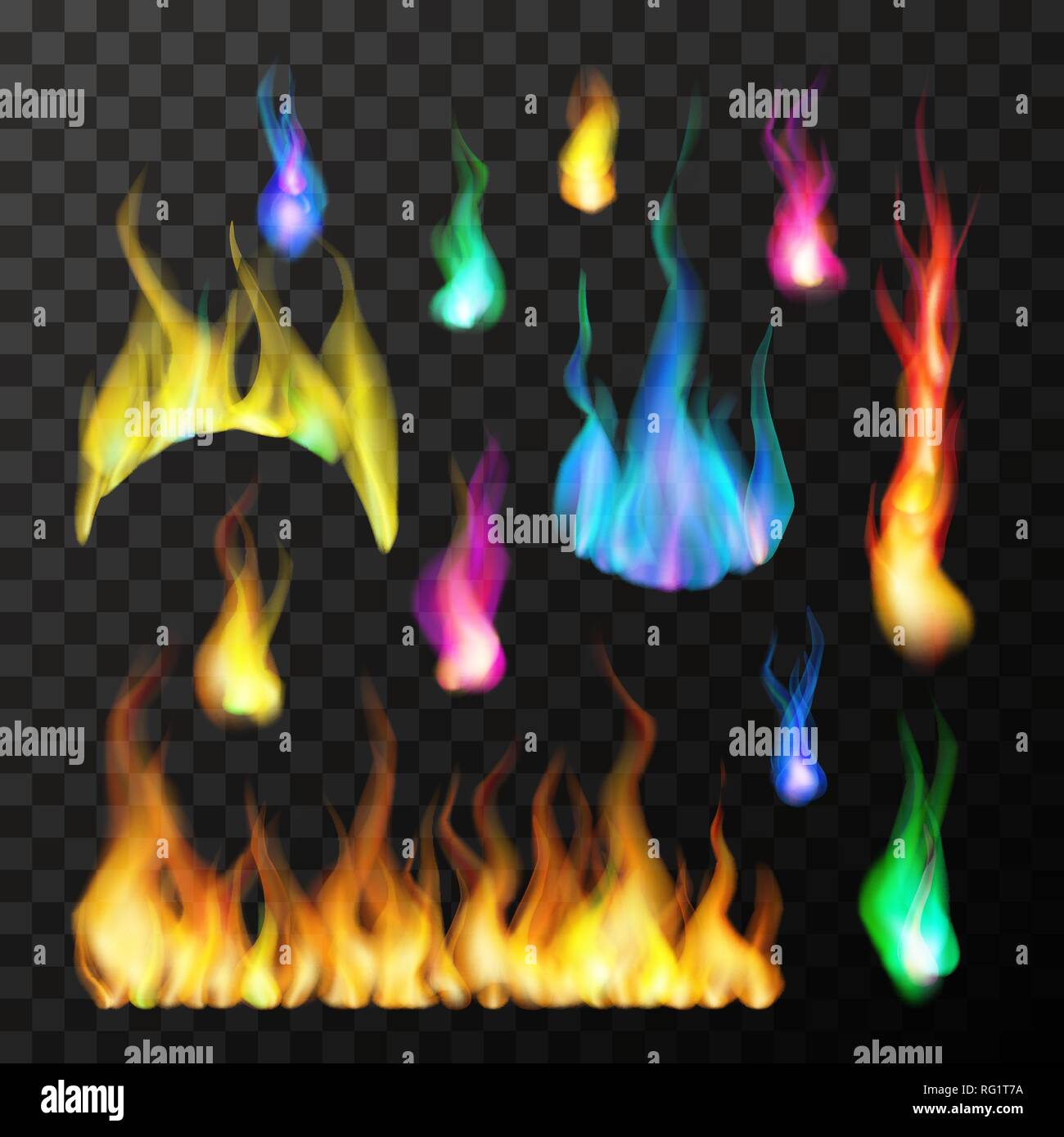 Jeu de flammes feu magique lumineux de différentes couleurs sur fond  transparent Image Vectorielle Stock - Alamy