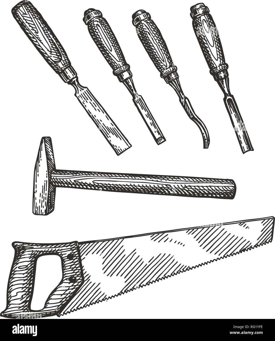 Outils de menuiserie croquis. Le travail du bois, menuiserie concept. Vintage vector illustration Illustration de Vecteur