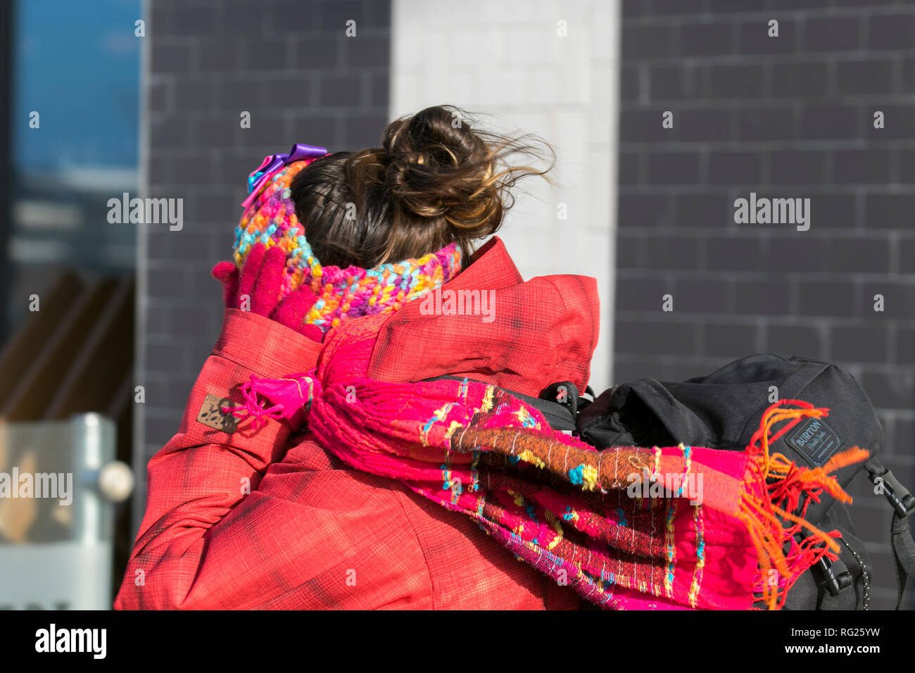 Blackpool, Lancashire. 27 Jan, 2019. Météo britannique. Des coups de vent sur la côte. Les visiteurs de la station balnéaire ont à supporter des vents violents avec les piétons d'être soufflé sur sur la promenade de front de mer. Tempête , blow, Tempest, perdus, tresses emmêlées, mauvais jour de cheveux sur la promenade de front de mer.AlamyLiveNews MediaWorldImages:Crédit/ Banque D'Images