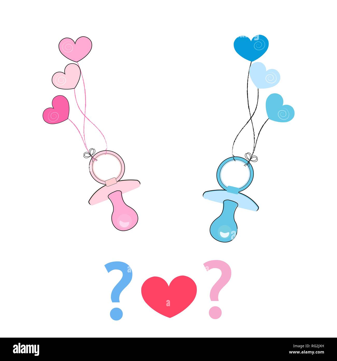 Sucette bébé fille, bébé garçon avec ballon de coeur. Bientôt bébé. Carte de vœux de révélation de sexe de bébé Illustration de Vecteur
