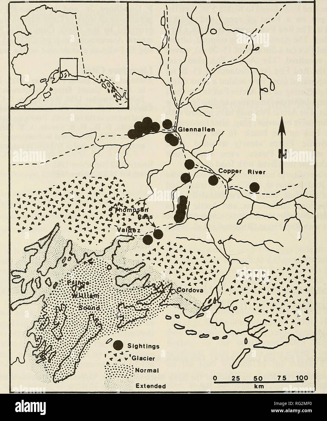 . La Canadian field-naturaliste. Les 564 100 Canadian Field-Naturalist Vol.. La figure 1. Endroits de cerfs à queue noire de Sitka (grande plage normale de mouchetures), hiver doux extended range (petites mouchetures) et nouvelle gamme observations (cercles pleins) dans le sud de l'Alaska. l'auteur et deux autres biologistes. De plus, une observation plus tard a été vérifiée par l'auteur à partir d'une photographie. La gamme d'observations plus de 150 km de l'autoroute et le plus au nord de l'emplacement est 175 km au nord de l'aire de répartition connue (Julius Reynolds, communication personnelle). Les chevreuils peuvent avoir voyagé dans le bassin soit plus de Thompson Pass ou restaur Banque D'Images