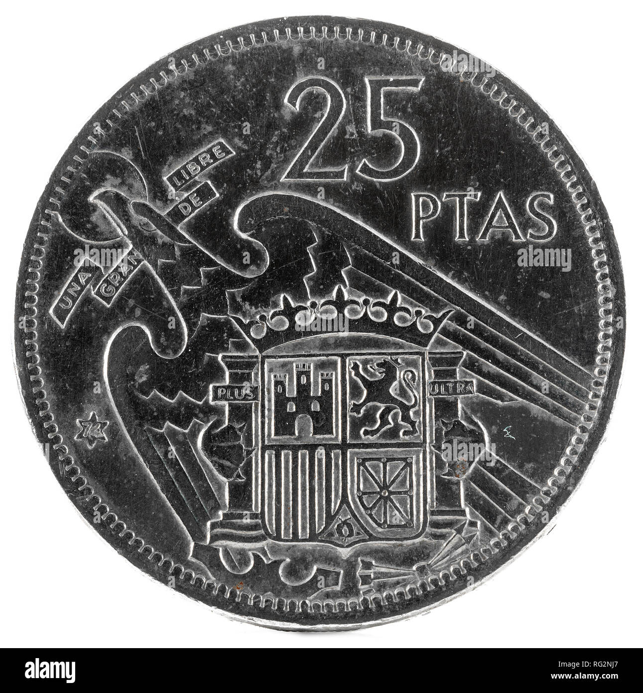 Ancienne pièce de 25 pesetas espagnoles, Francisco Franco. Année 1957, 74 dans l'étoile. Marche arrière.. Banque D'Images