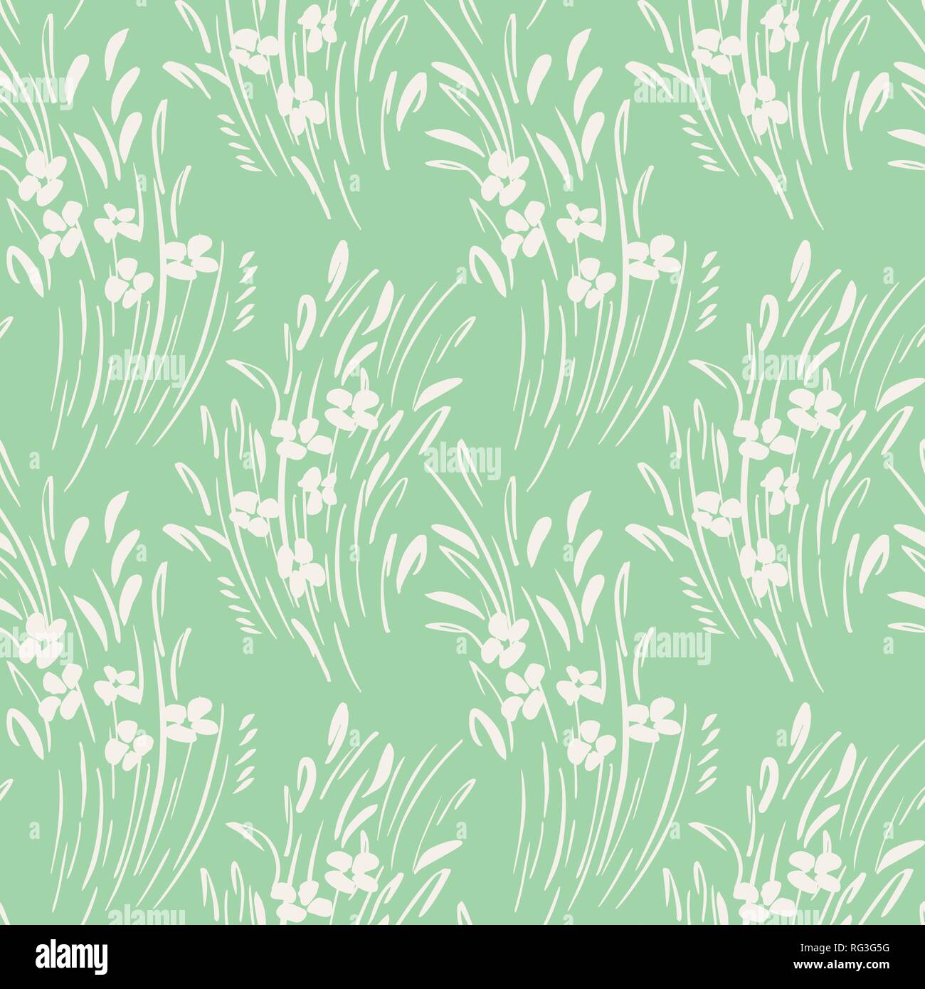 Gestuelle abstraite féminin floral ditsy vector pattern. Petite échelle simpliste hand drawn floraison blanche sur fond vert frais. Peu de fleurs, lea Illustration de Vecteur