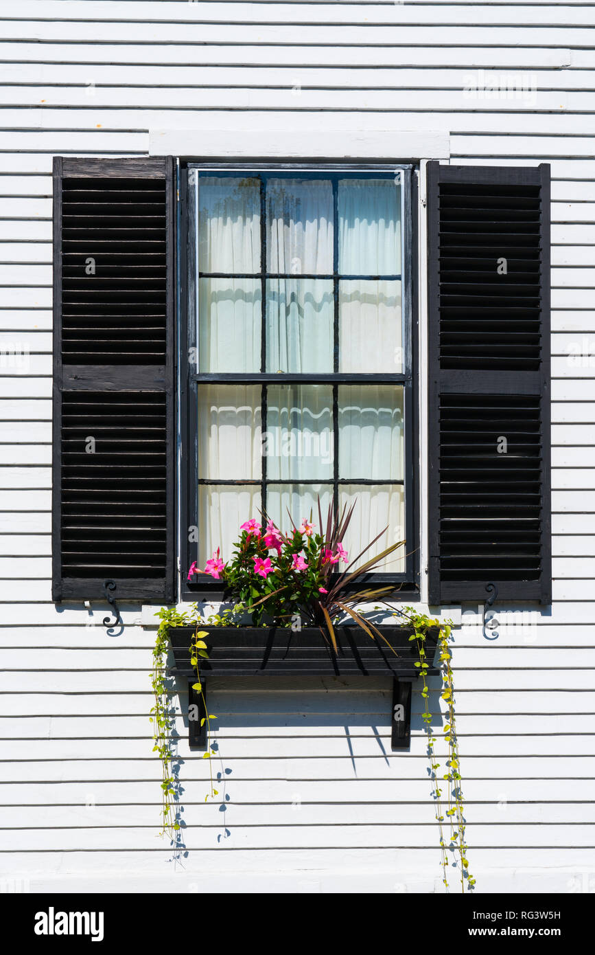 La fenêtre de style colonial avec des volets noirs sur une maison de la Nouvelle Angleterre Banque D'Images