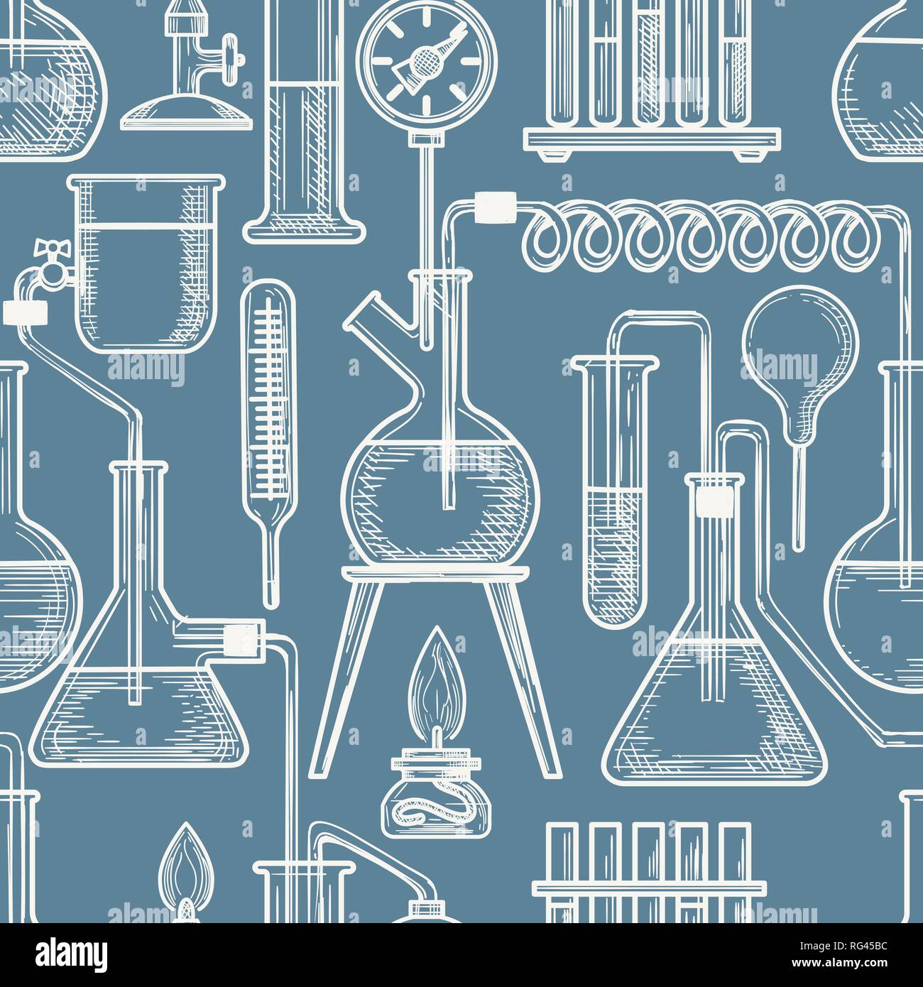 Modèle vectoriel croquis chimiques. Bécher et brûleur, bobine et l'équipement de laboratoire ballon bleu à la main motif transparent Illustration de Vecteur