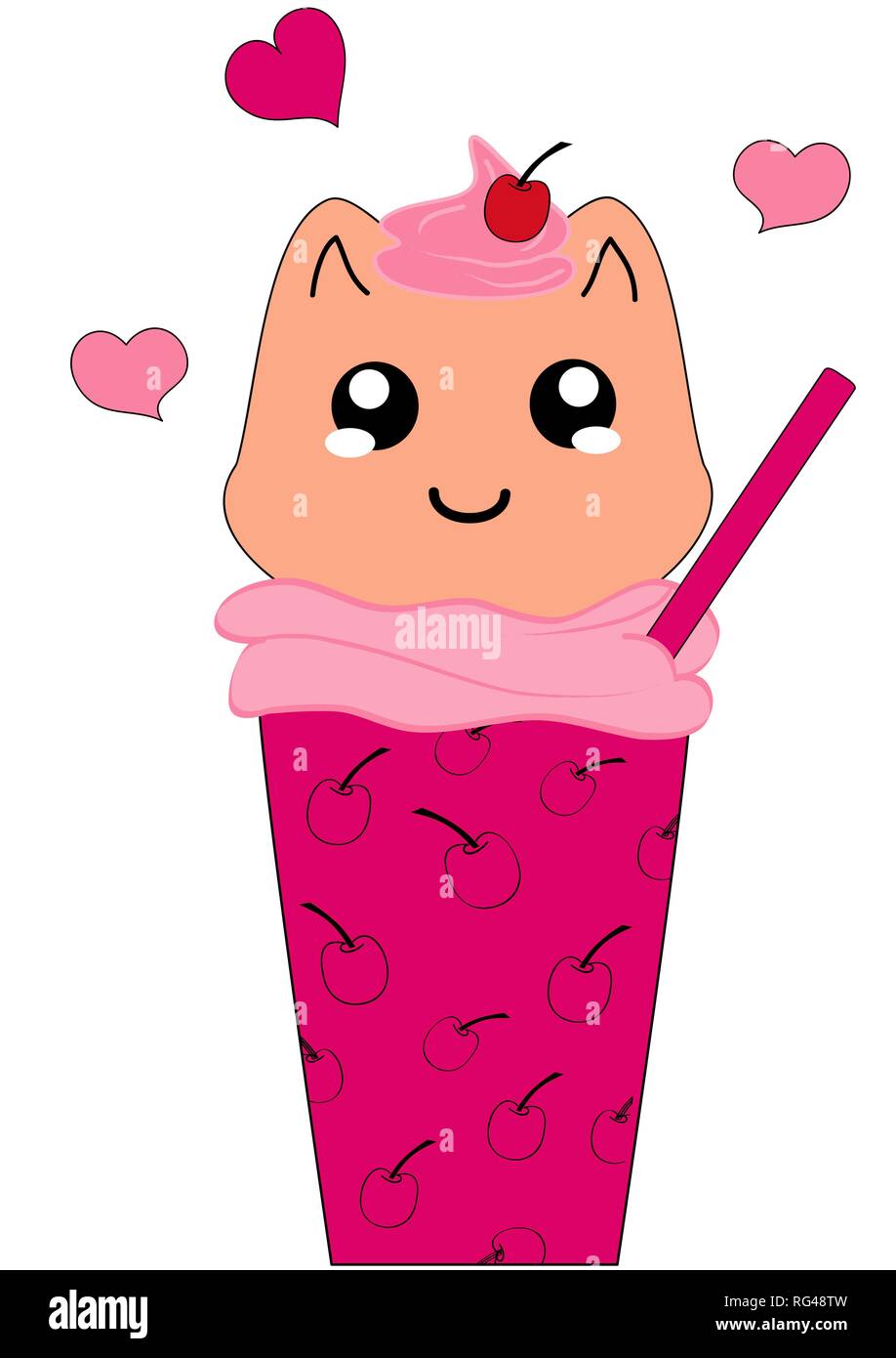 Kawaii Milkshake cerisier avec caractère de chaton. Vector EPS 10 Illustration de Vecteur