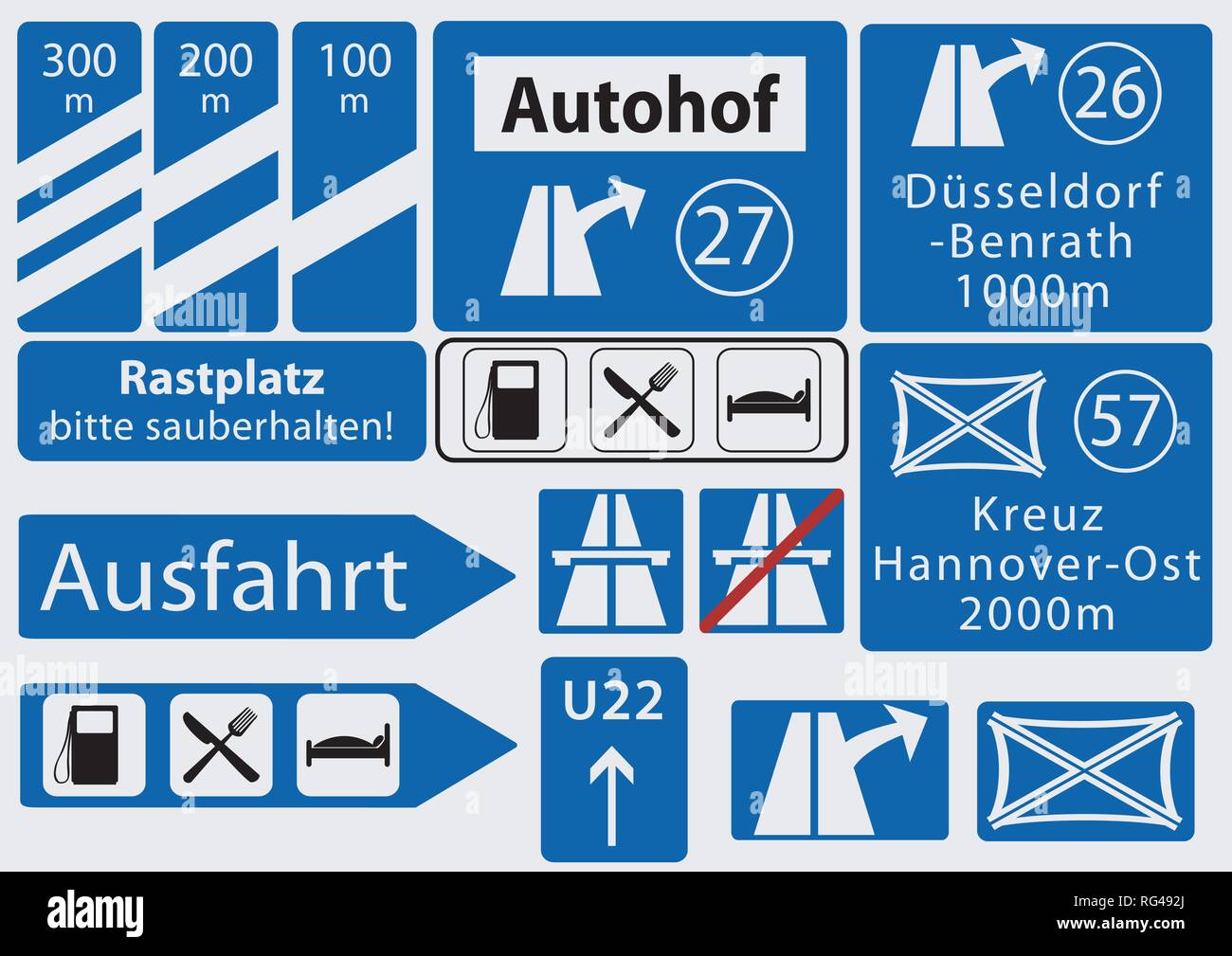 Les panneaux d'Autoroute allemande, la collecte, le vectoriel EPS10 Texte en allemand : lieu de repos, s'il vous plaît garder reste propre, sortie, traverser Hannover East Illustration de Vecteur