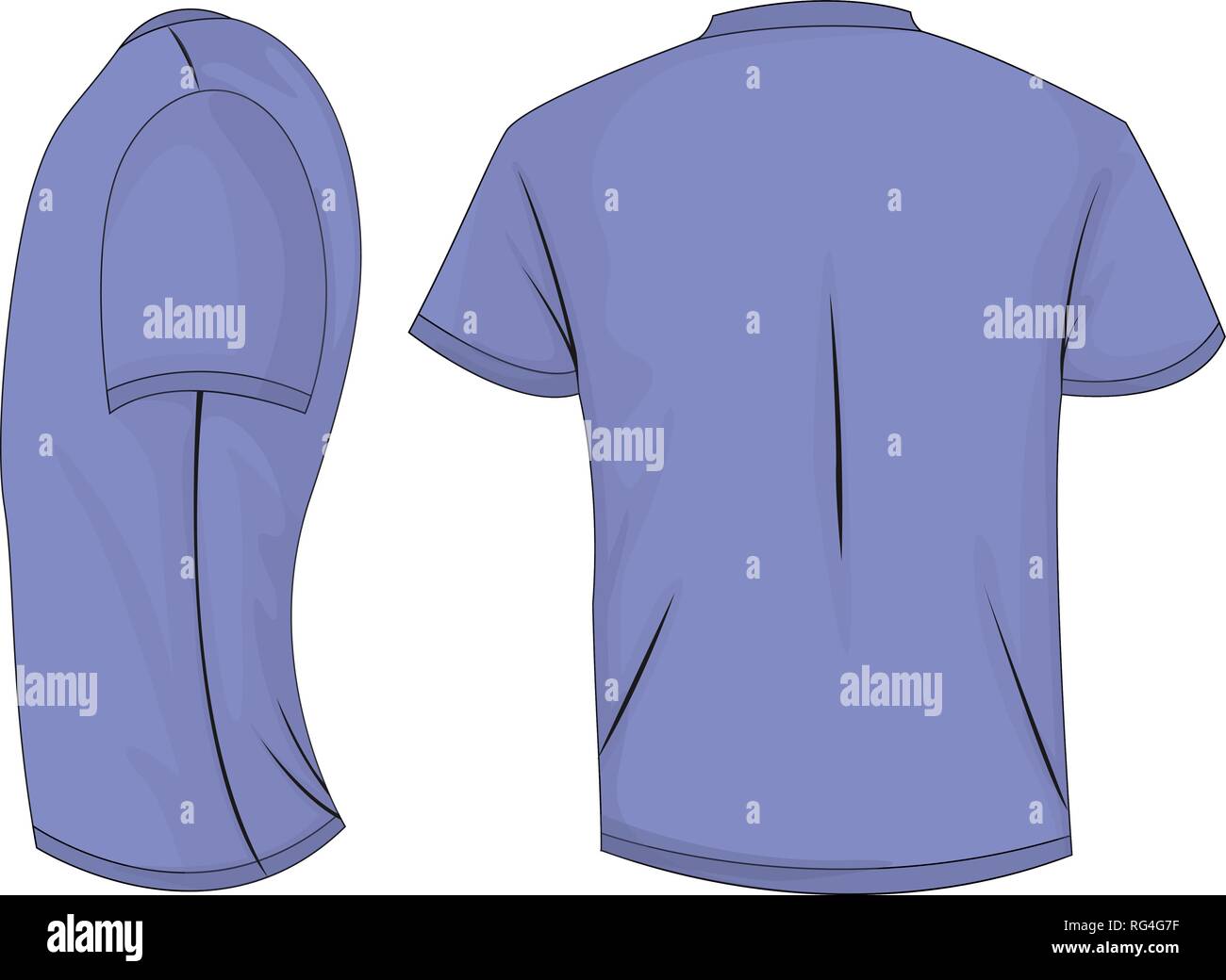Lilac men's t-shirt à manche courte. Avant, vue de côté. Isolé sur fond blanc. Illustration vectorielle, EPS10. Illustration de Vecteur