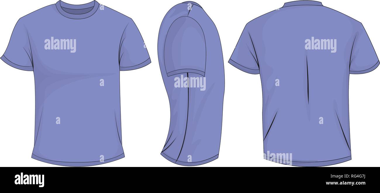 Lilac mens t-shirt à manches courtes. Retour, vue de côté. Isolé sur fond blanc. Illustration vectorielle, EPS10. Illustration de Vecteur