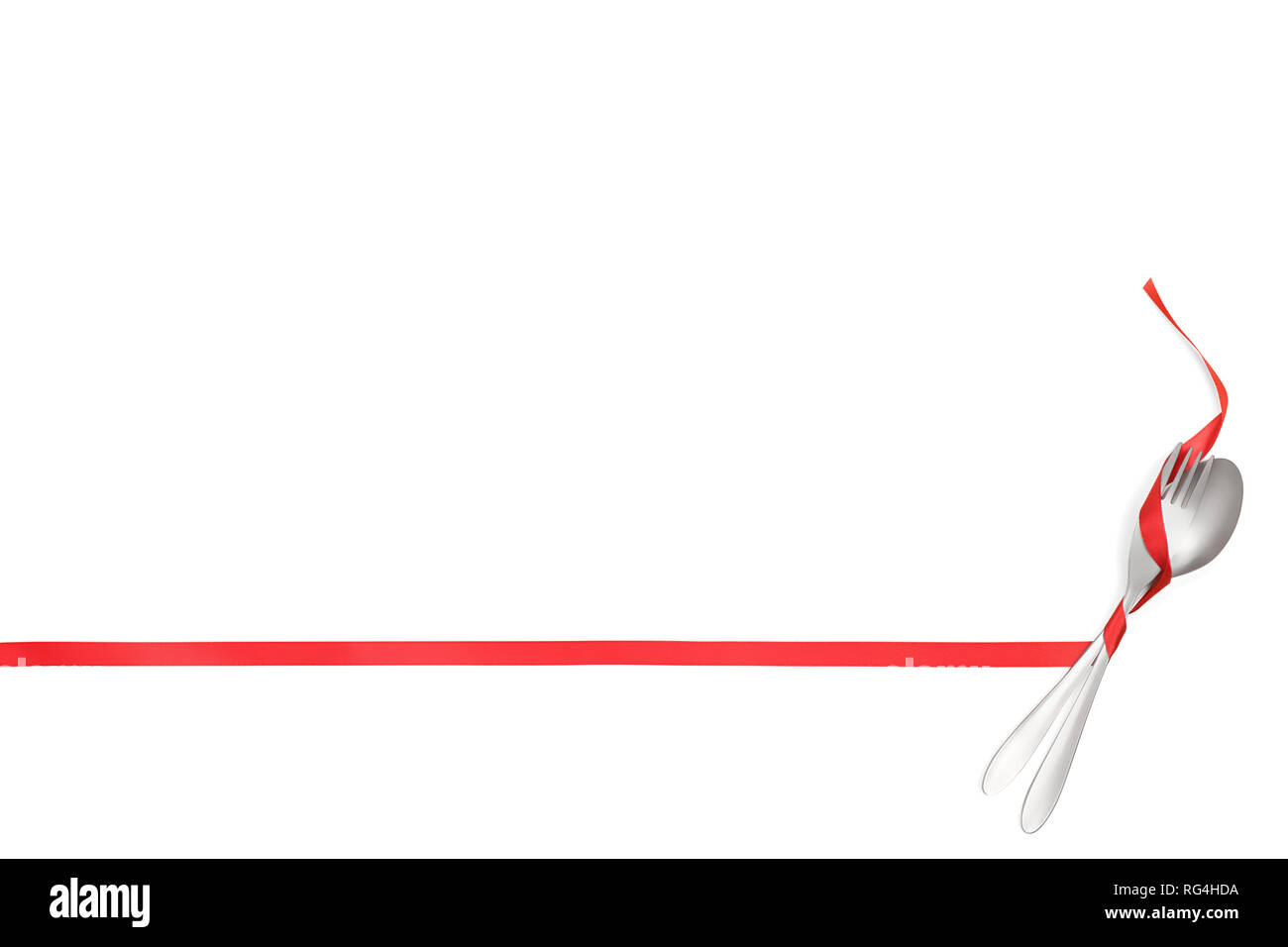 Fourchette et cuillère attaché avec un ruban rouge en tant que cadre. Isolé sur blanc, chemin de détourage inclus. Alimentation, restaurant et de table modèle avec l'exemplaire Banque D'Images