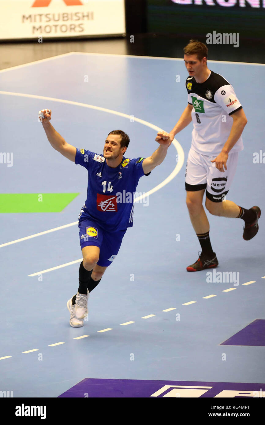 Herning, Danemark. 27 janvier 2019.Kentin Mahé (France) et Tim Suton (Allemagne) au cours de l'IHF Championnat du monde masculin 2019, final round match de hand entre l'Allemagne et la France le 27 janvier 2019 à Jyske Bank Boxen à Herning, Danemark - Photo Laurent Lairys / MAXPPP Crédit : Laurent Locevaphotos Lairys/agence/Alamy Live News Banque D'Images