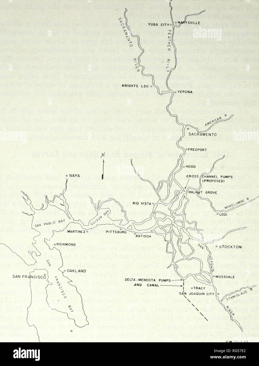 . Chasse et pêche de la Californie. Pêche -- Californie ; jeu et jeu-oiseaux -- Californie ; Poissons -- Californie ; groupes de population animale ; pêches ; gibier, poissons. 174 CALIFORNIA FISH AND GAME. CW 29 VI-46 Figure 70. Carte de référence de l'Sacramento-San Joaquin Delta et la Sacra- mento River, montrant l'Delta-Mendota- endroits de détournement et le projet de l'usine de pompage du canal leur migration de reproduction. Certains des bars matures qui passent l'hiver dans la moitié sud du delta doit donc traverser à la rivière Sacramento pour frayer. Toutefois, le redressement à la sa Banque D'Images