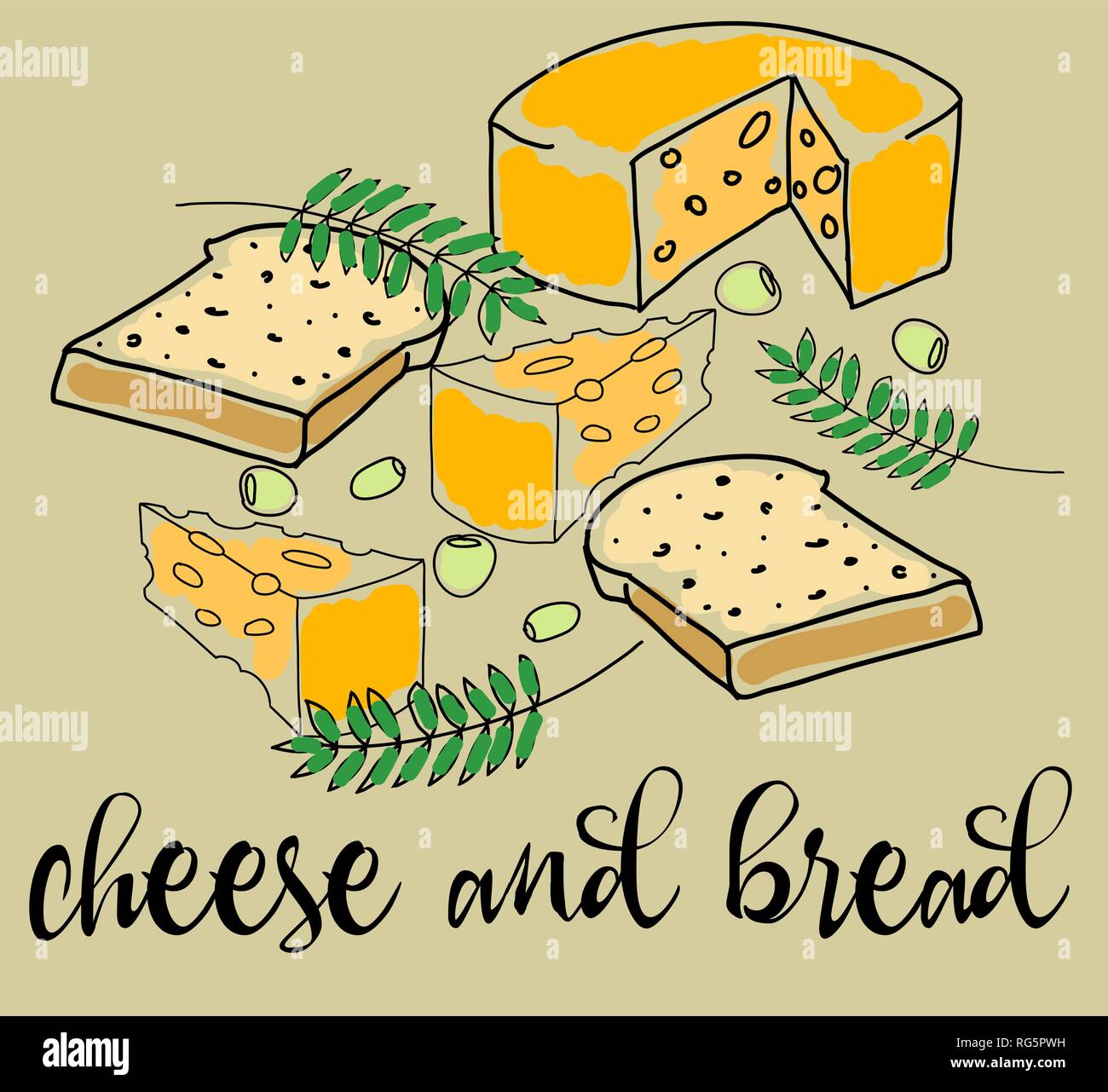Illustration avec olives pain au fromage et de verdure dessin à la main Illustration de Vecteur