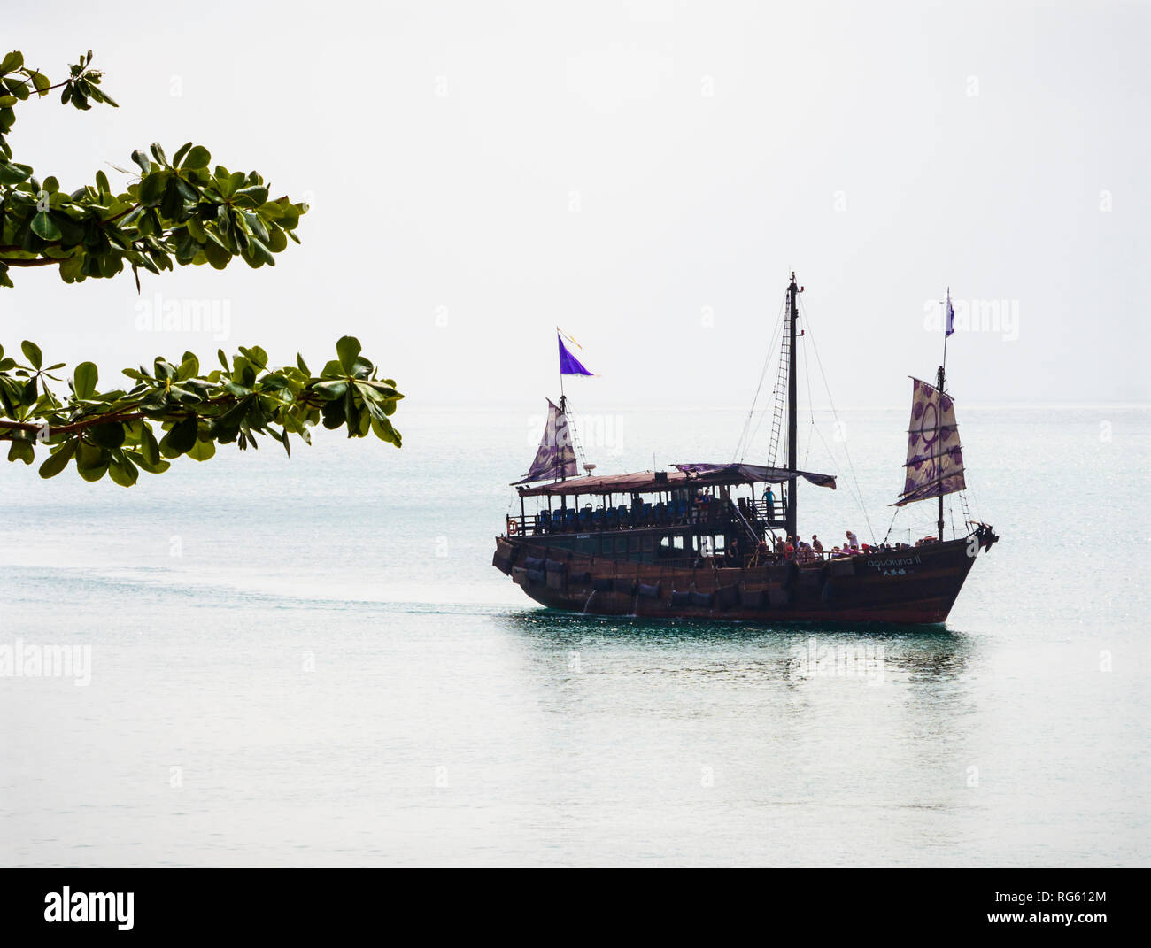 Journée brumeuse arrivée de l'Aqua Luna II junk dans Stanley Bay, Hong Kong Banque D'Images