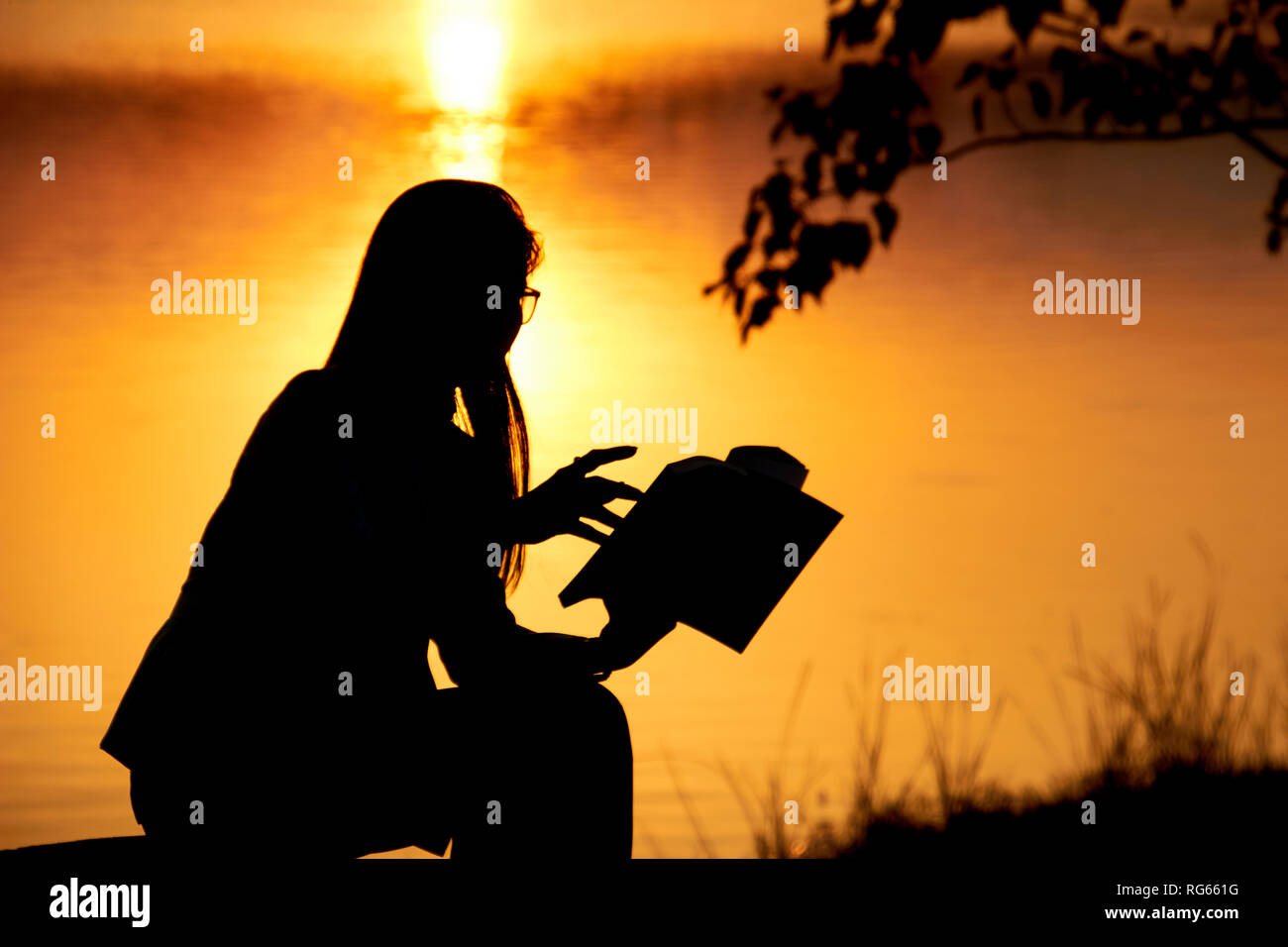 Silhouette de femme lire un livre par le lac Banque D'Images