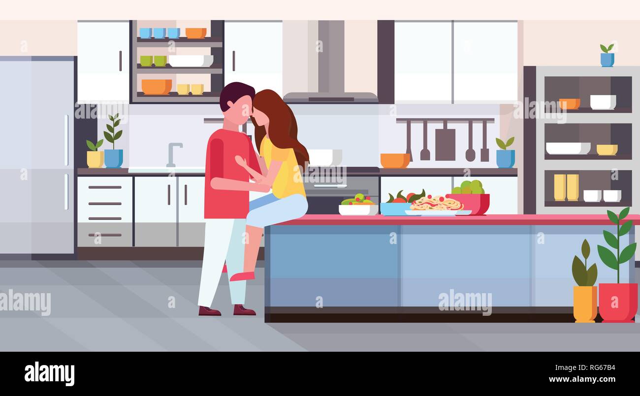 Couple et s'embrasser à compteur de cuisine happy valentines day célèbre concept homme femme dans l'amour hug appartement moderne l'intérieur Illustration de Vecteur