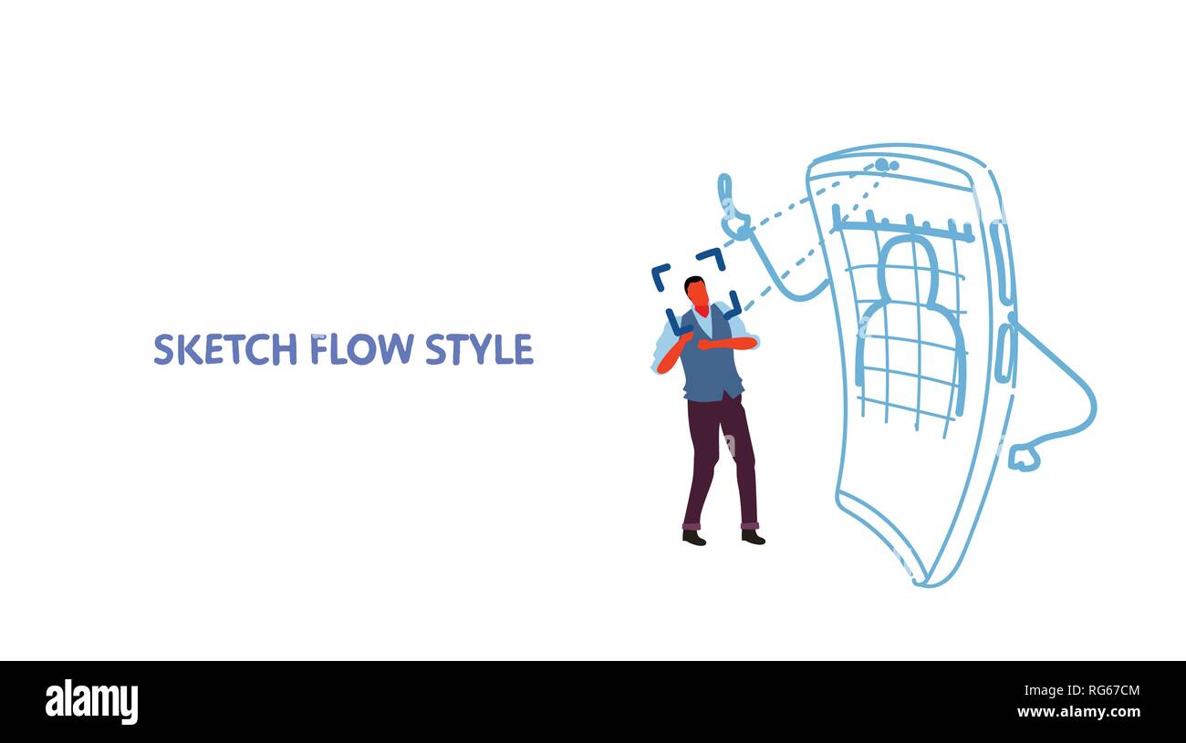 L'homme effrayé face recognition technology smartphone portable scanner notion d'identification biométrique immense gadget identifie peur guy sketch Illustration de Vecteur