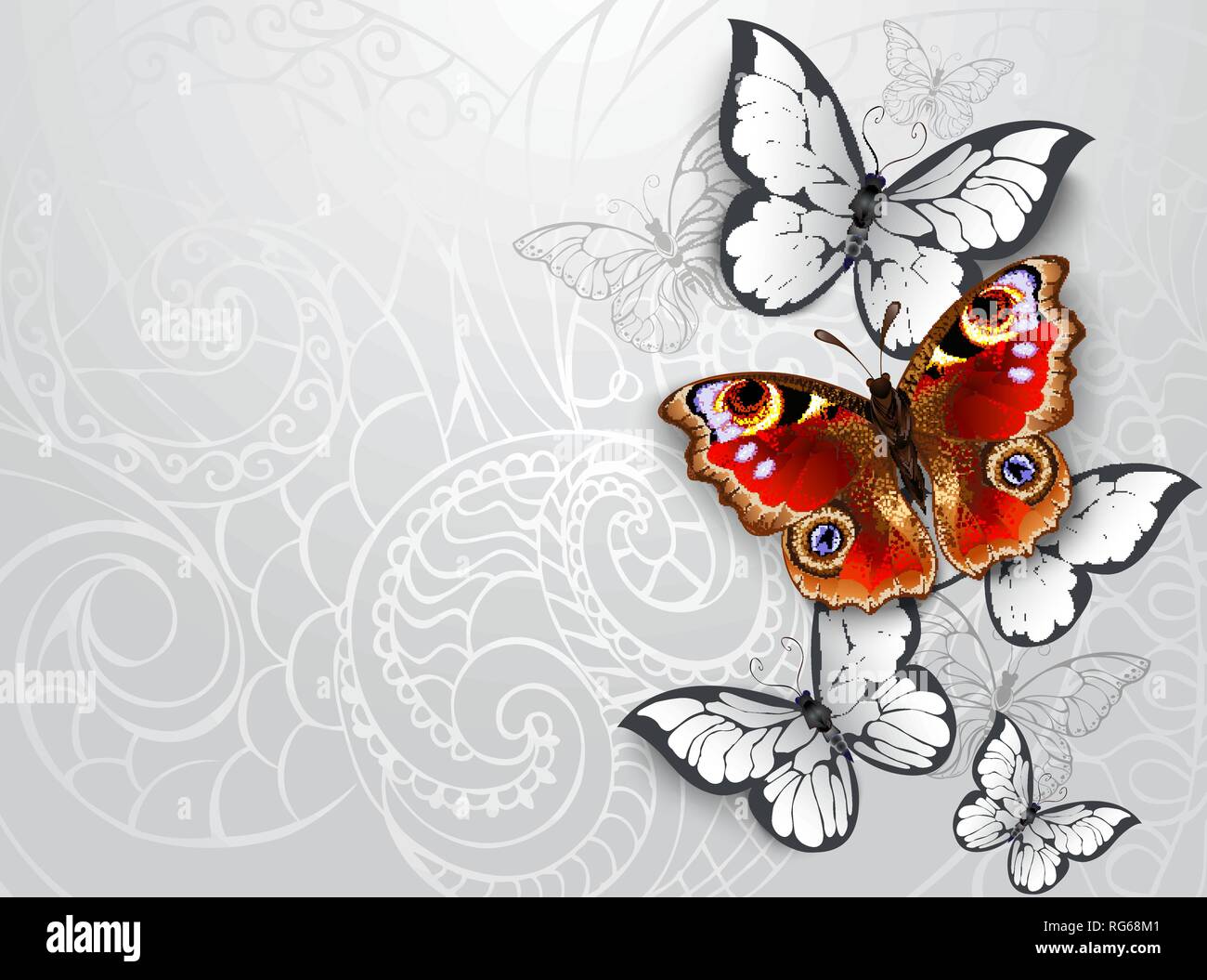 Rouge, réaliste, l'œil de paon papillon texturé avec papillons blancs sur fond à motifs gris. Illustration de Vecteur