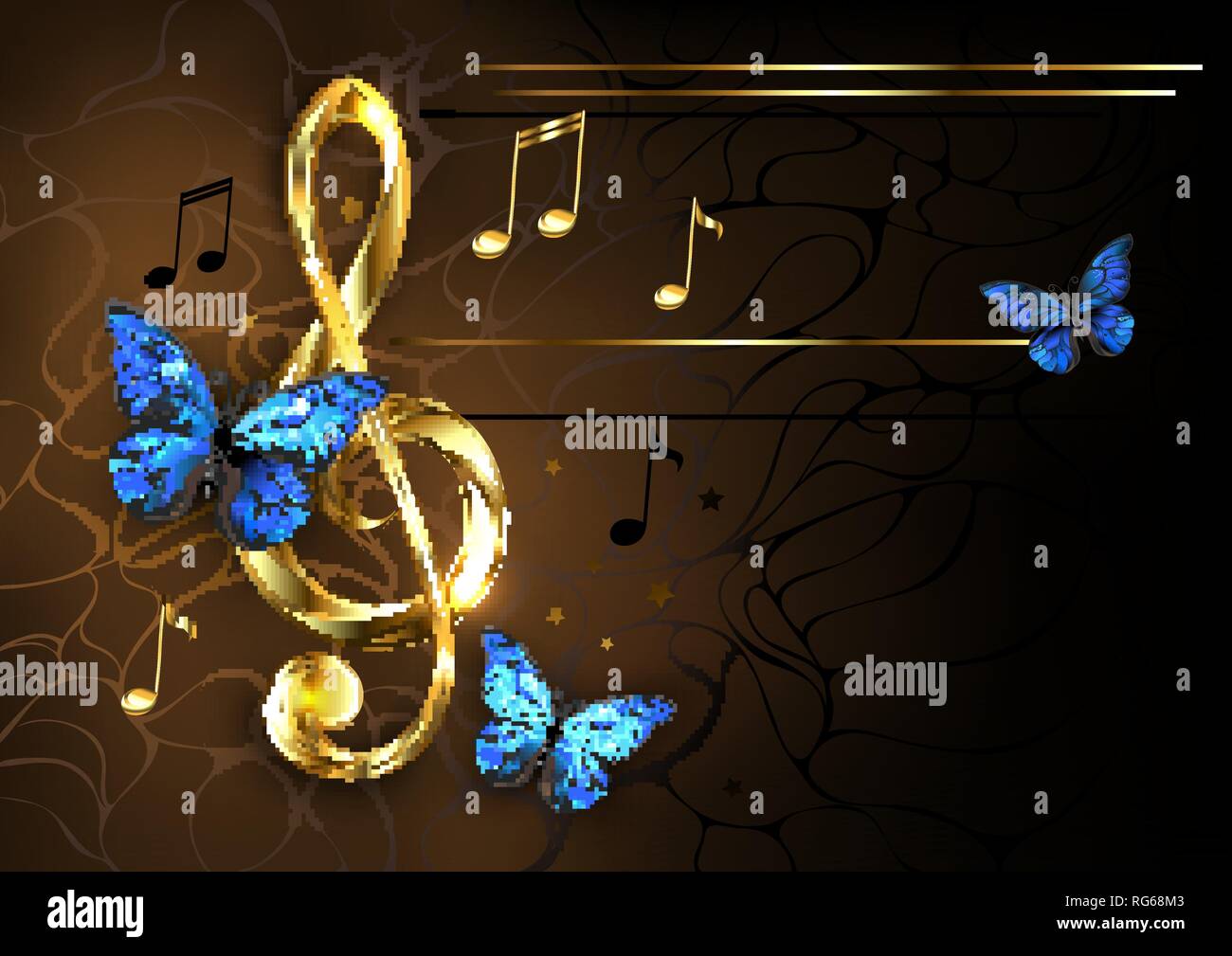 Golden clé musicale avec de l'or notes brillantes, décoré avec des papillons bleus sur fond texturé brun. Illustration de Vecteur