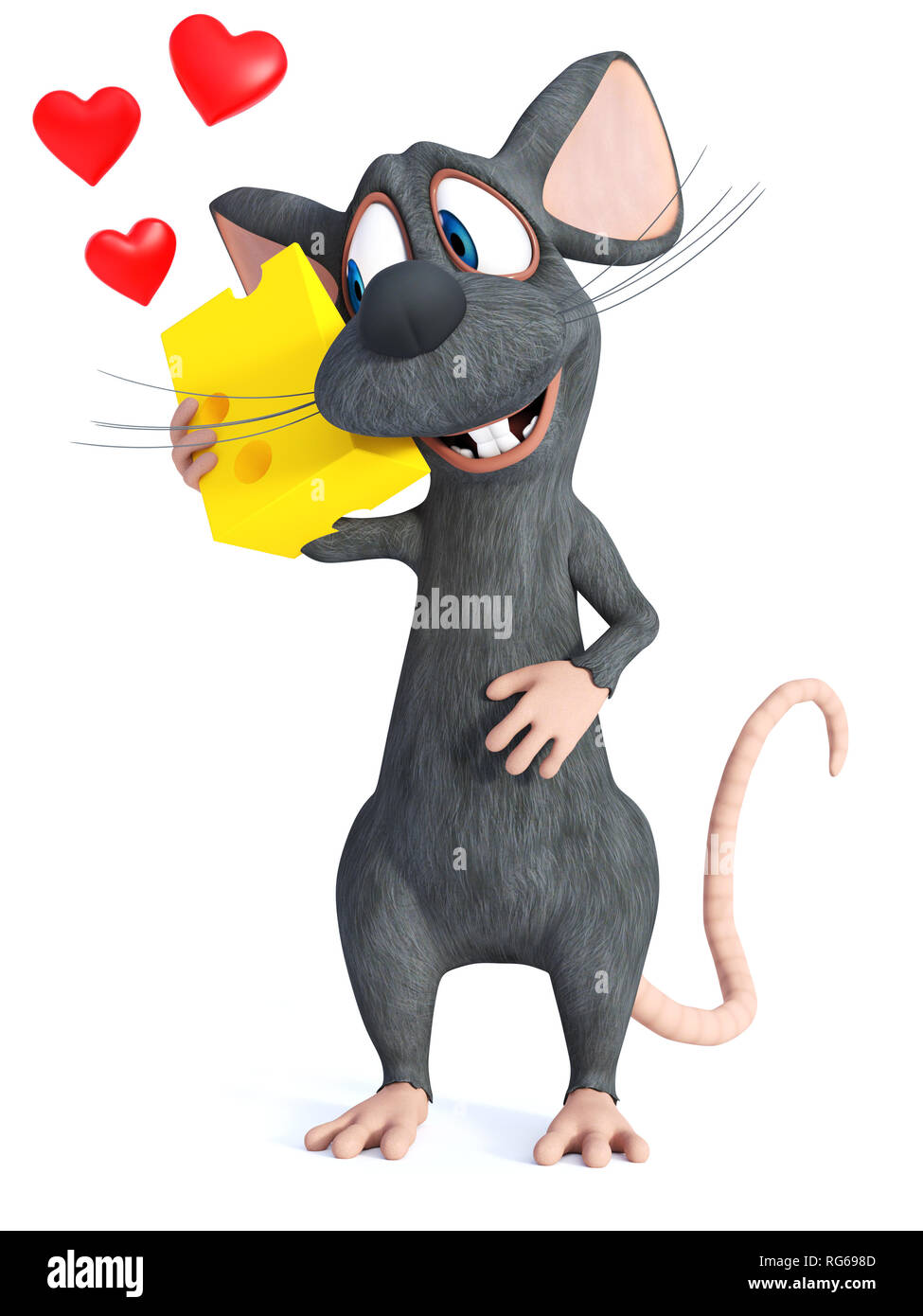 Le rendu 3D d'un sourire mignon cartoon souris tenant un morceau de fromage et à le regarder avec amour. Arrière-plan blanc. Banque D'Images