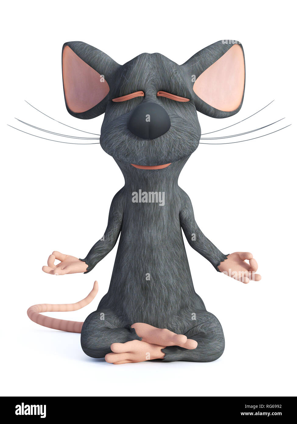 Le rendu 3D d'une souris de dessin animé faisant du yoga, assis dans un lotus posent avec les mains dans un Chin mudra poser et méditant les yeux fermés. White background Banque D'Images